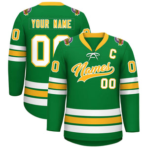 Custom Kelly Green Yellow-White Lace-Up Neck Hockey Jersey