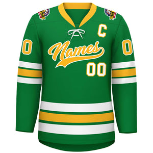 Custom Kelly Green Yellow-White Lace-Up Neck Hockey Jersey