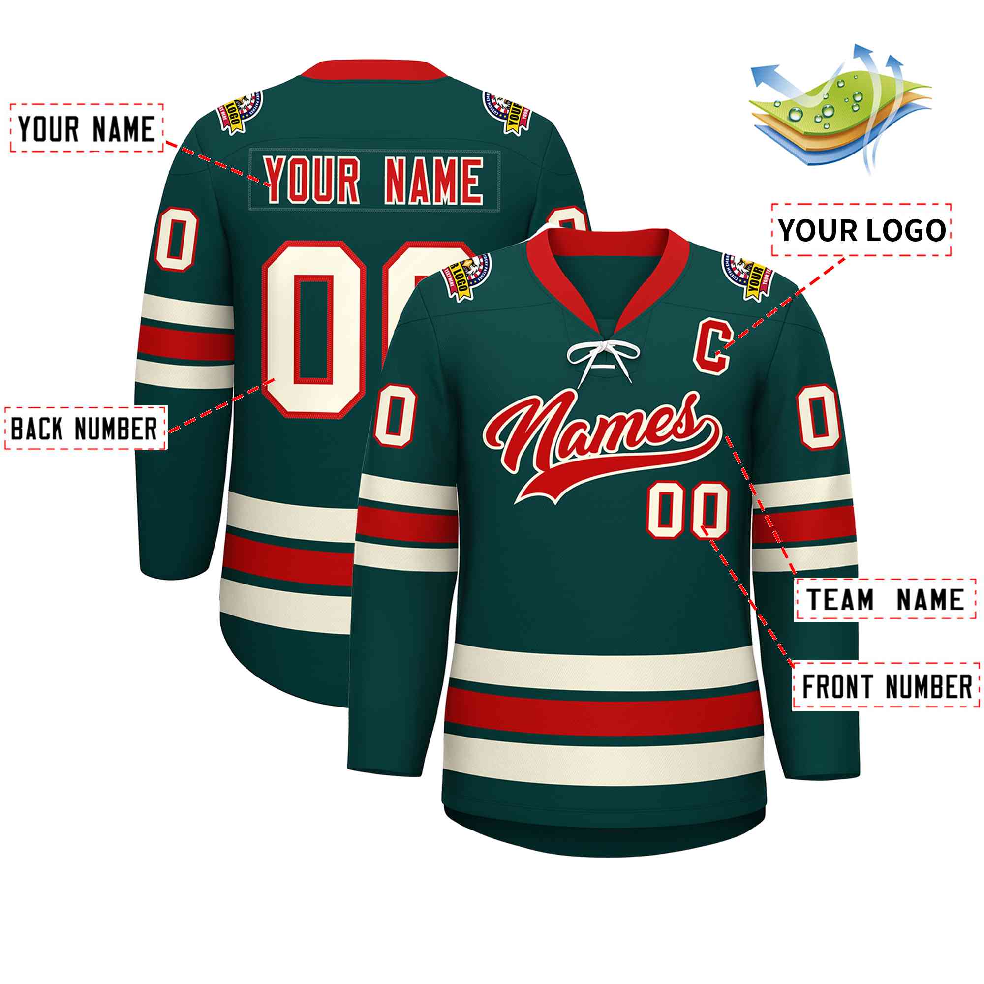 Custom Midnight Green Red-Cream Lace-Up Neck Hockey Jersey