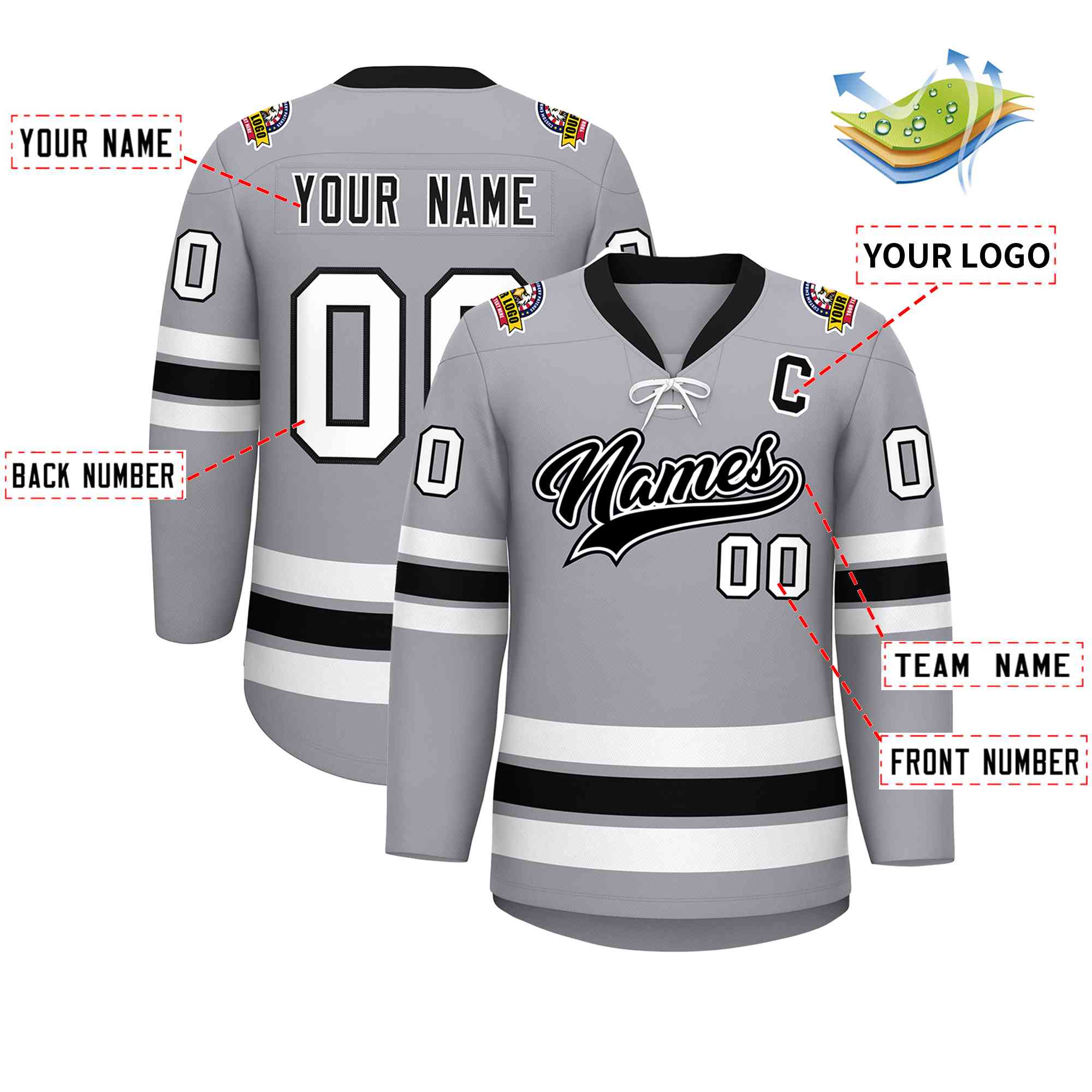 Custom Gray Black-White Lace-Up Neck Hockey Jersey