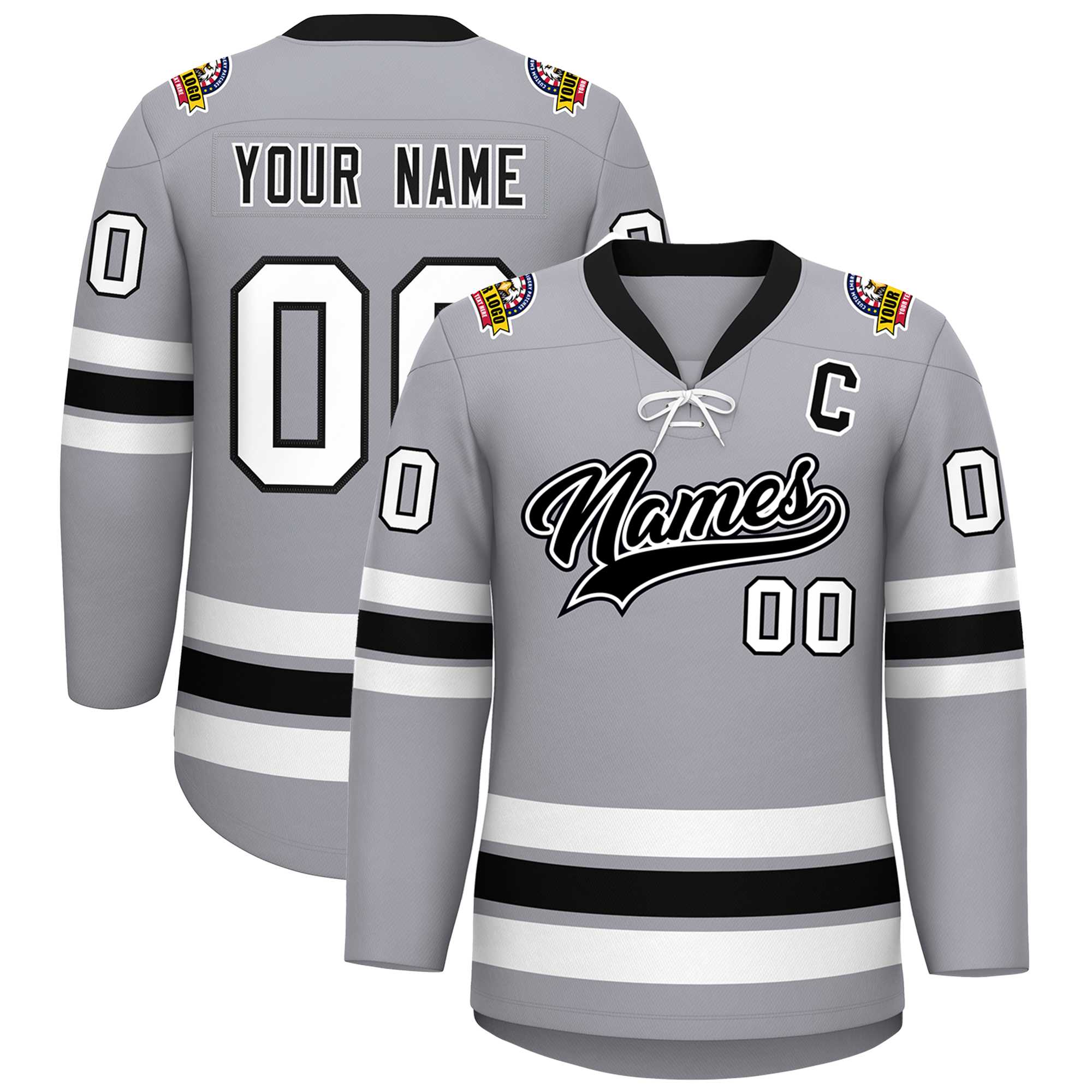 Custom Gray Black-White Lace-Up Neck Hockey Jersey