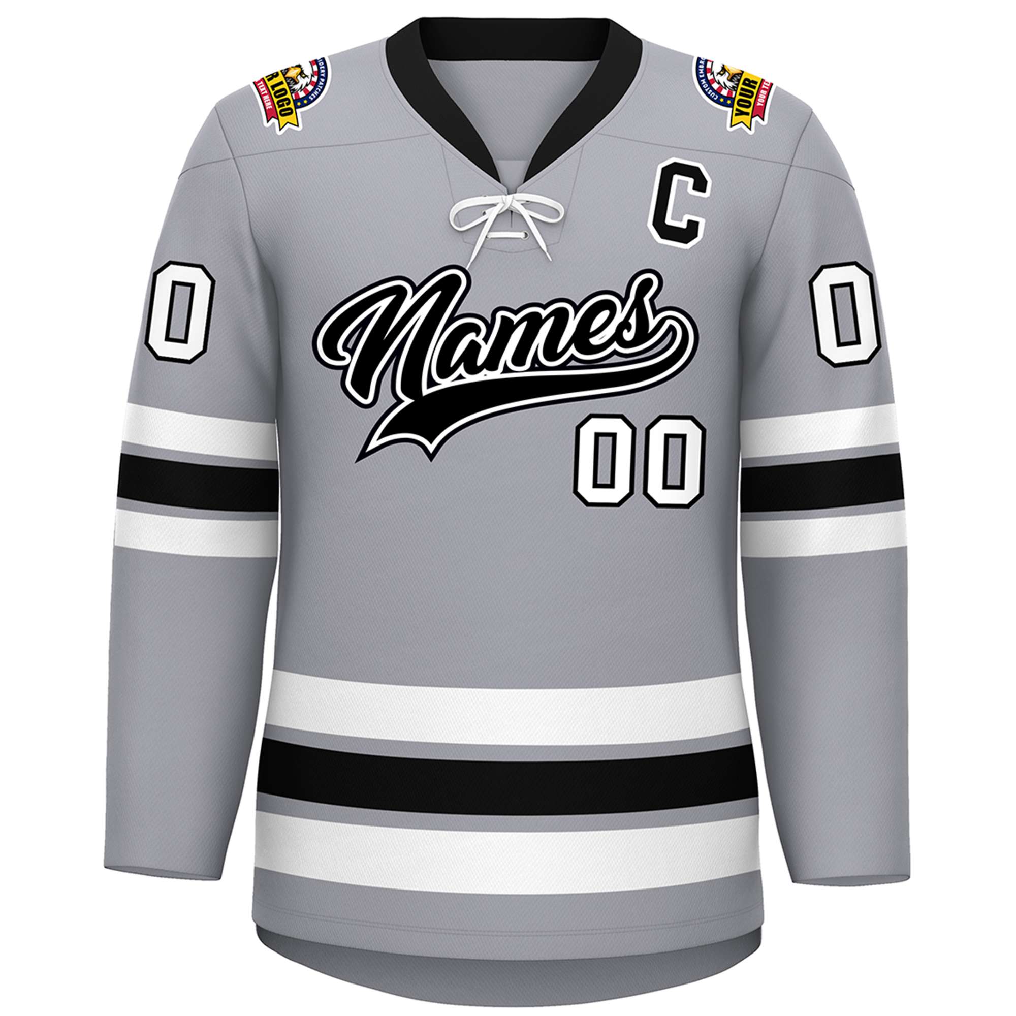 Custom Gray Black-White Lace-Up Neck Hockey Jersey