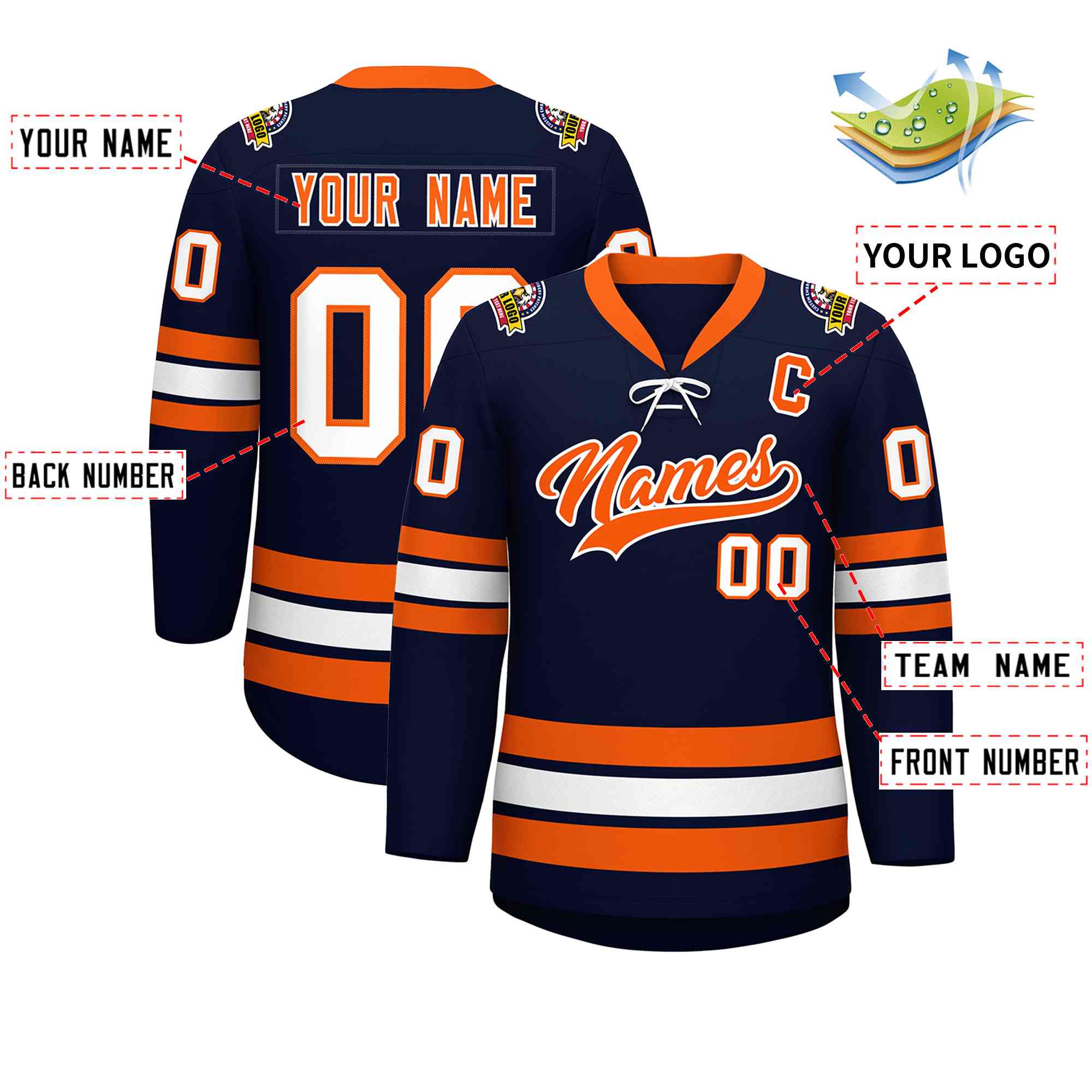 Custom Navy Orange-White Lace-Up Neck Hockey Jersey