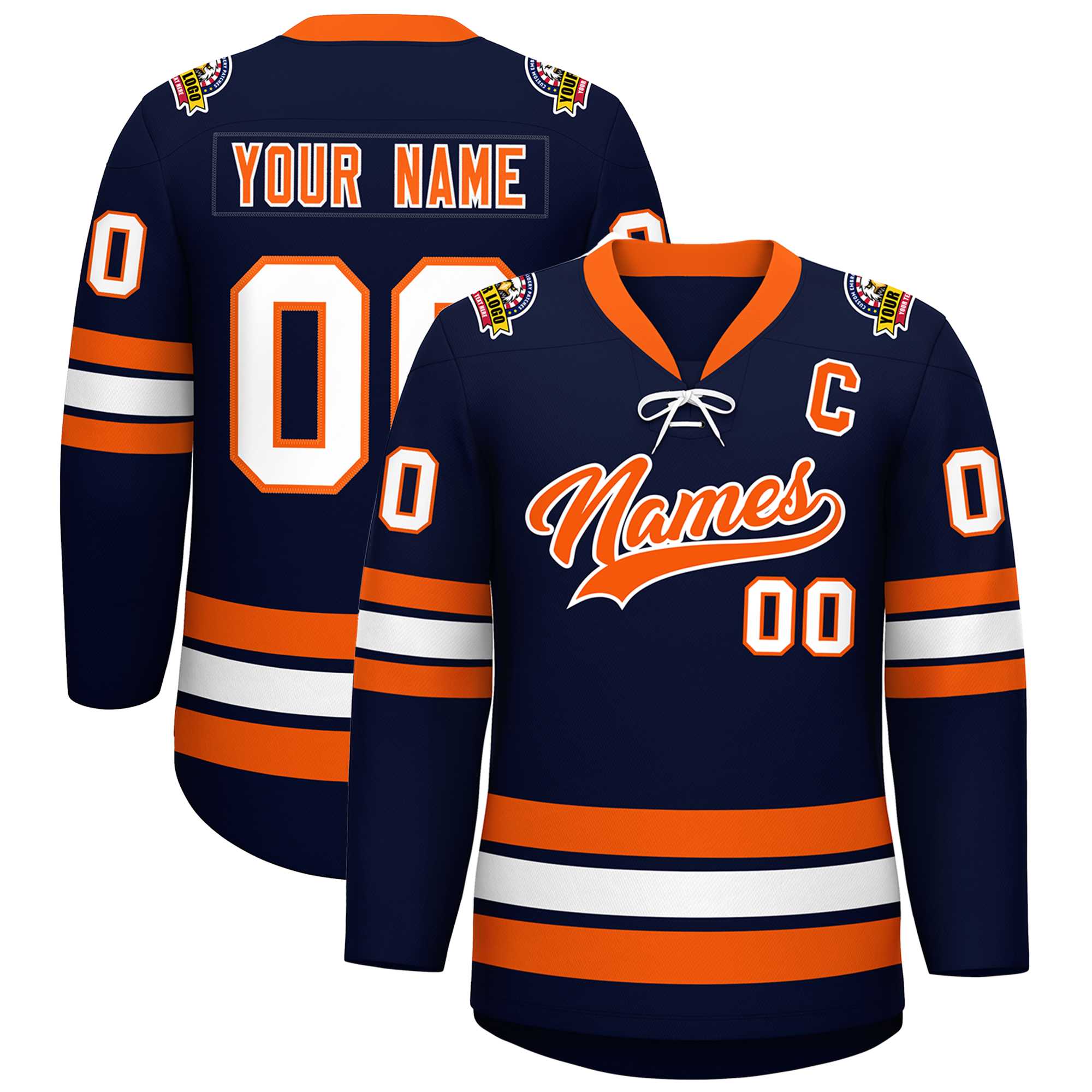 Custom Navy Orange-White Lace-Up Neck Hockey Jersey