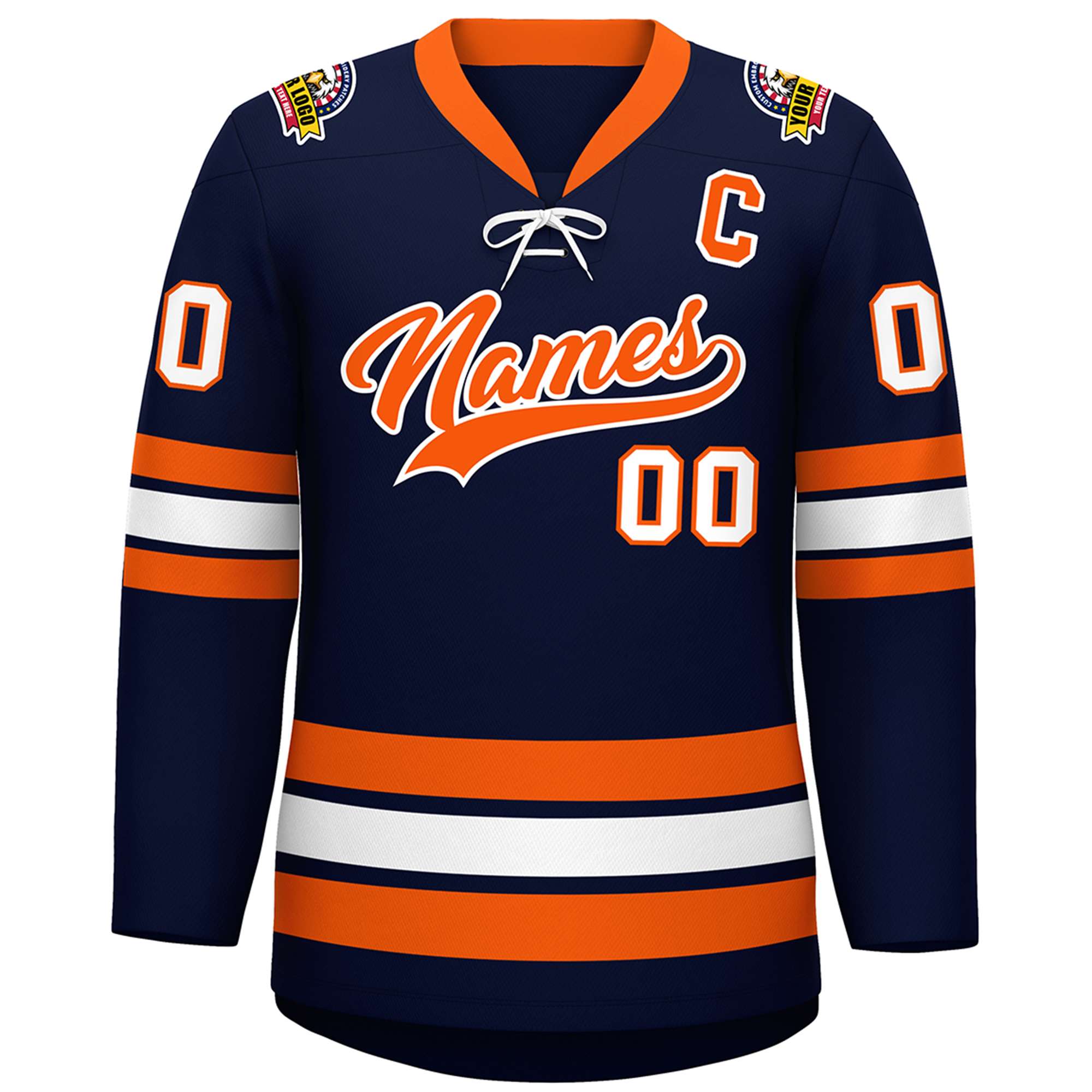 Custom Navy Orange-White Lace-Up Neck Hockey Jersey