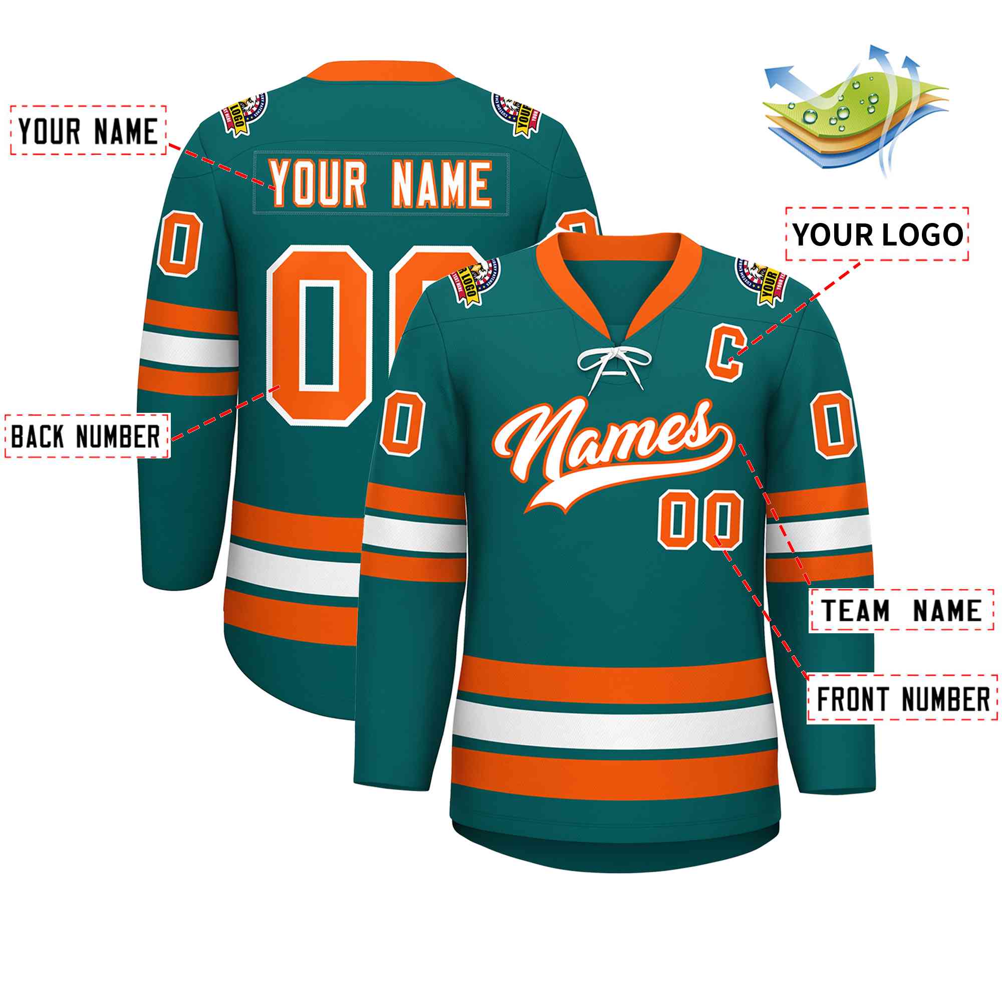 Custom Aqua White-Orange Lace-Up Neck Hockey Jersey