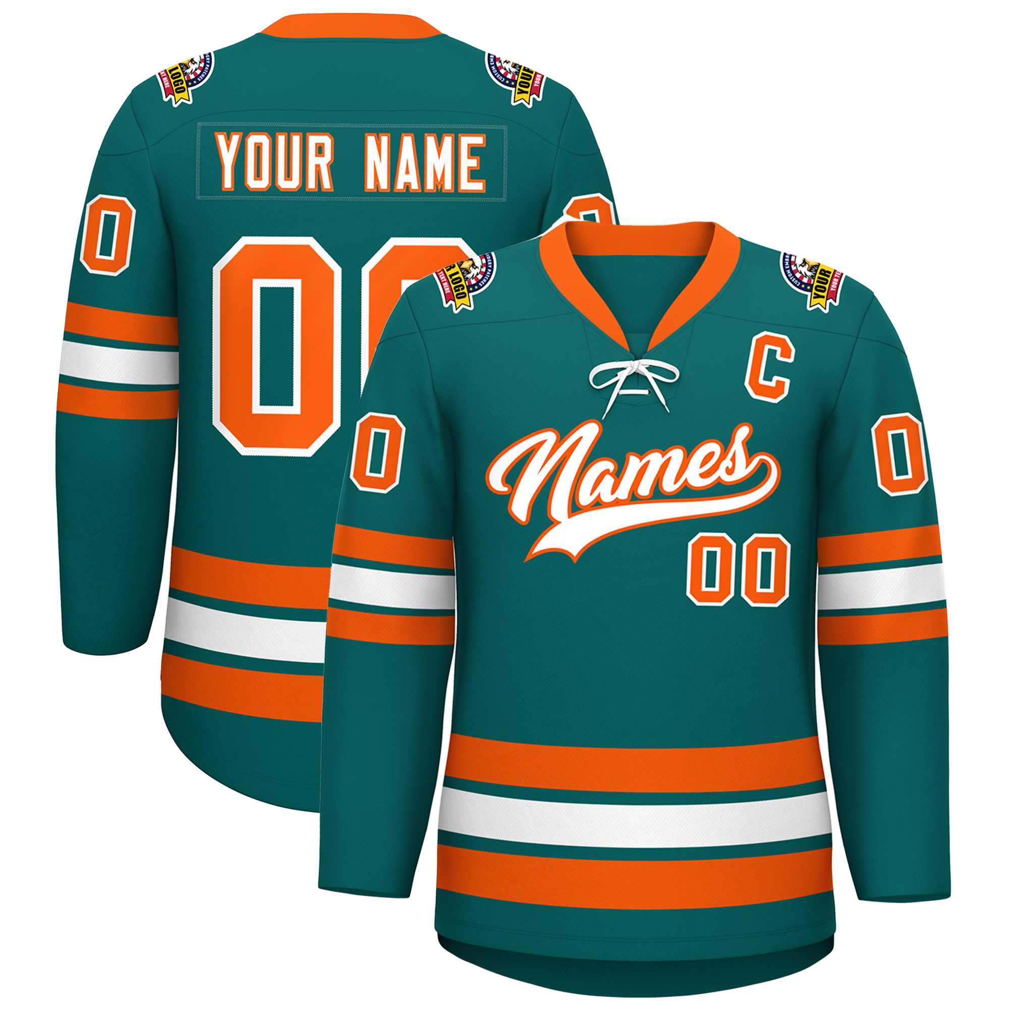 Custom Aqua White-Orange Lace-Up Neck Hockey Jersey