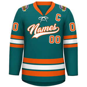 Custom Aqua White-Orange Lace-Up Neck Hockey Jersey