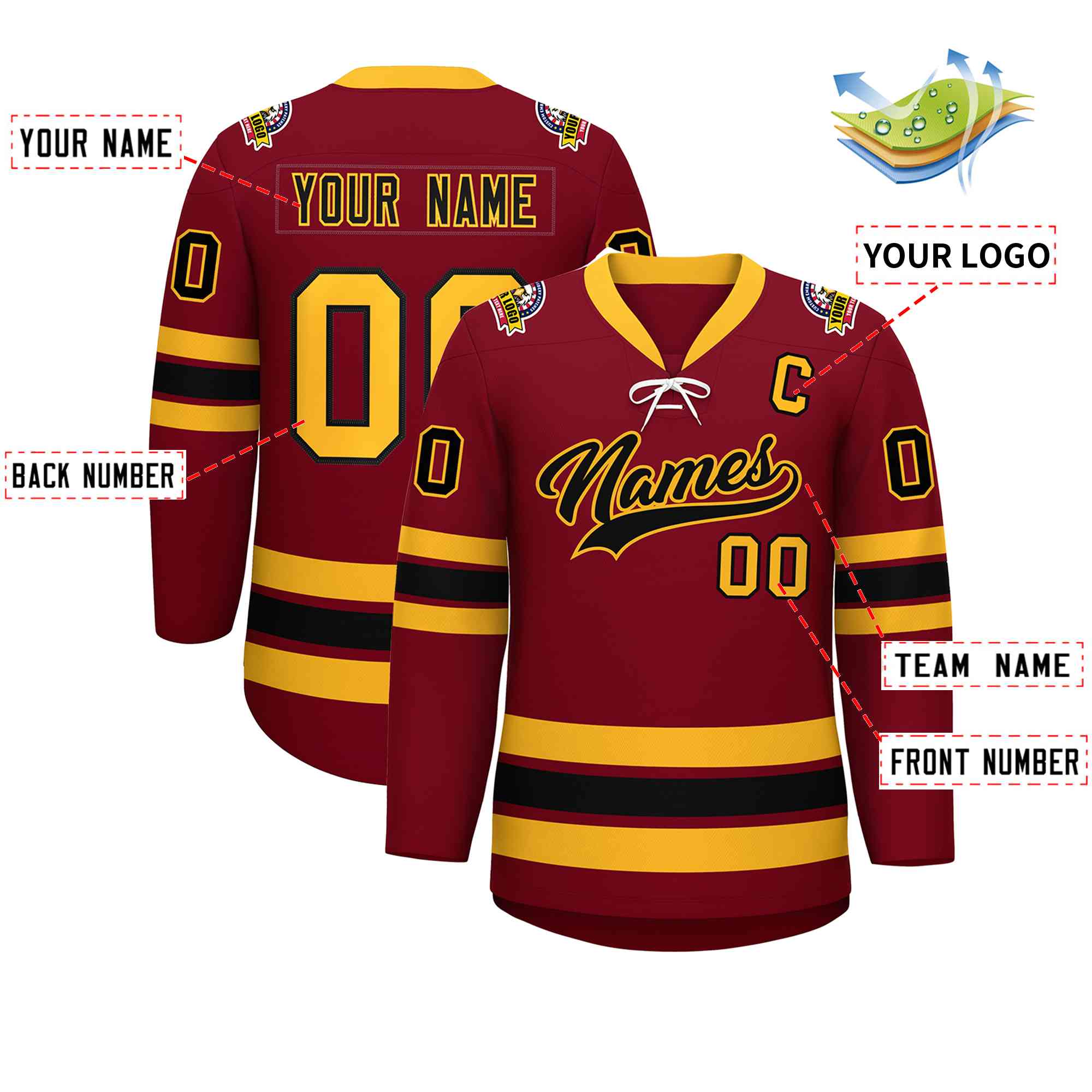 Custom Crimson Black-Yellow Lace-Up Neck Hockey Jersey