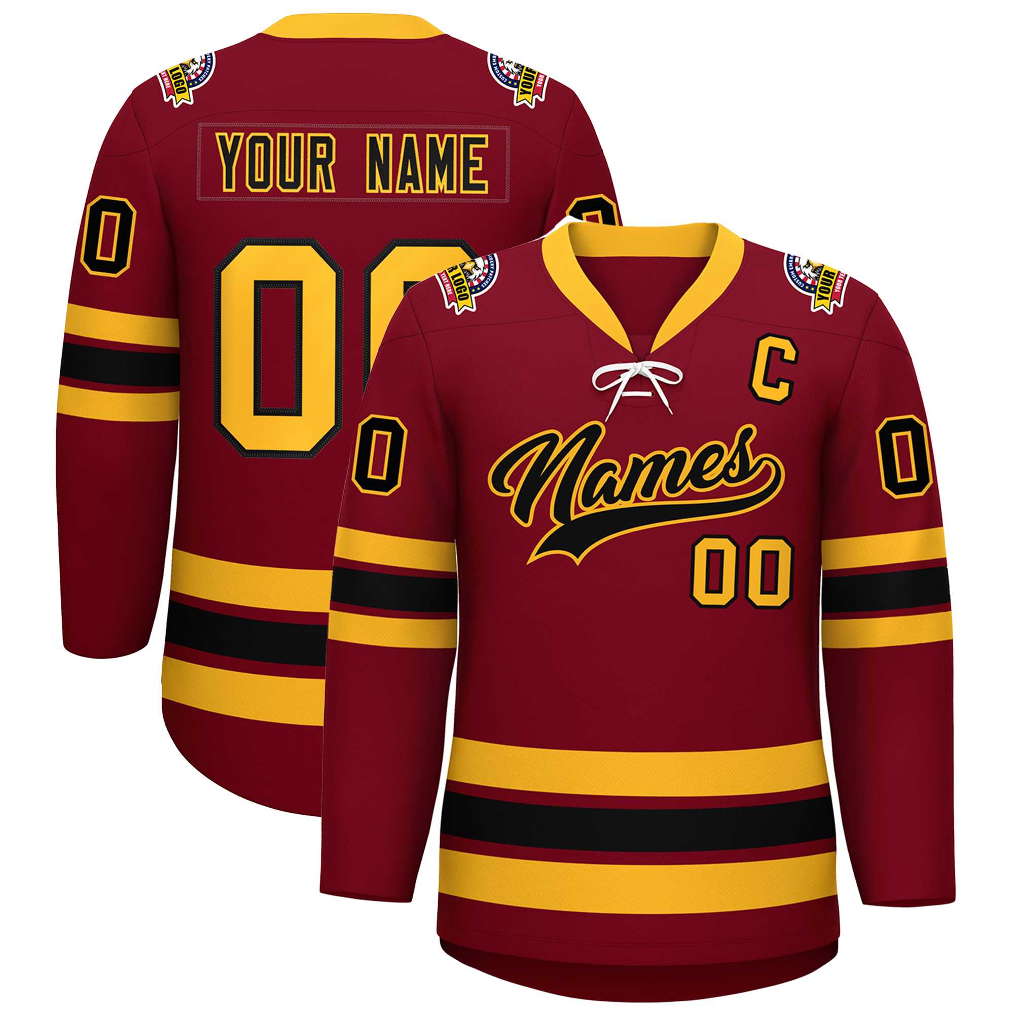 Custom Crimson Black-Yellow Lace-Up Neck Hockey Jersey