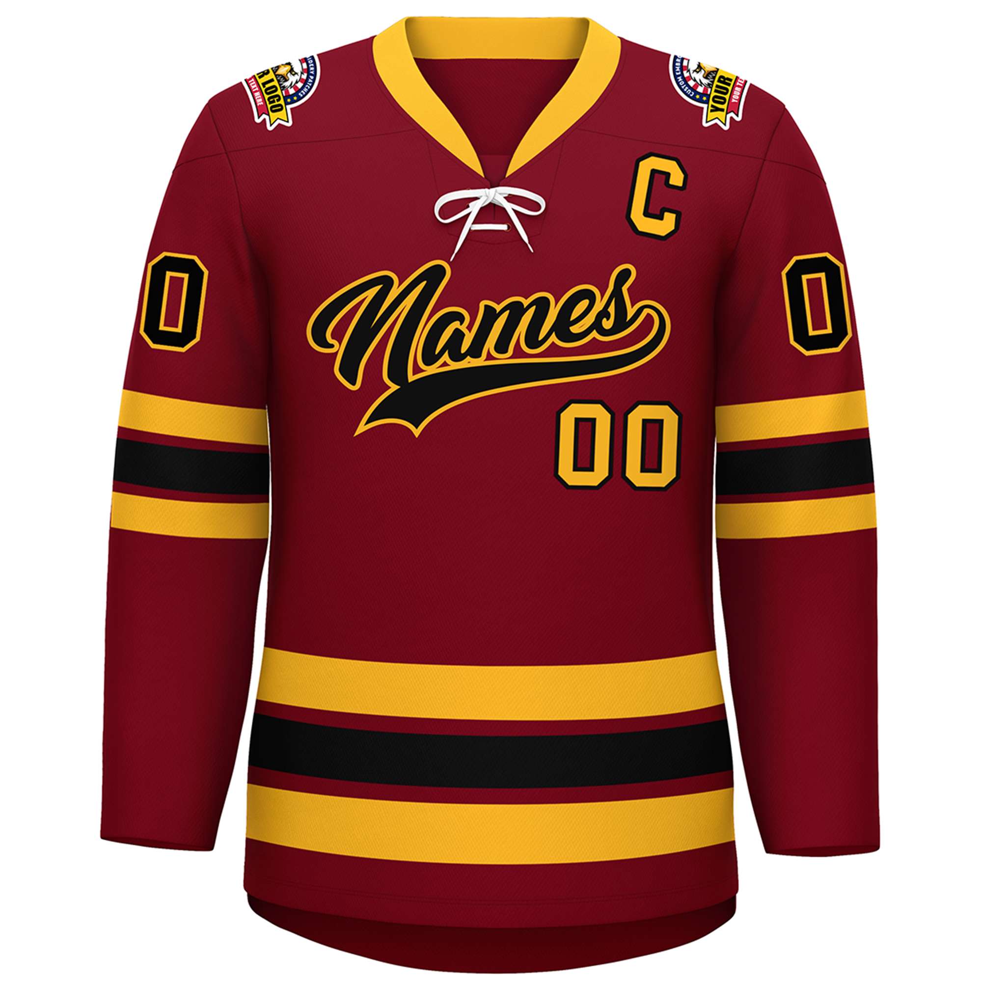 Custom Crimson Black-Yellow Lace-Up Neck Hockey Jersey