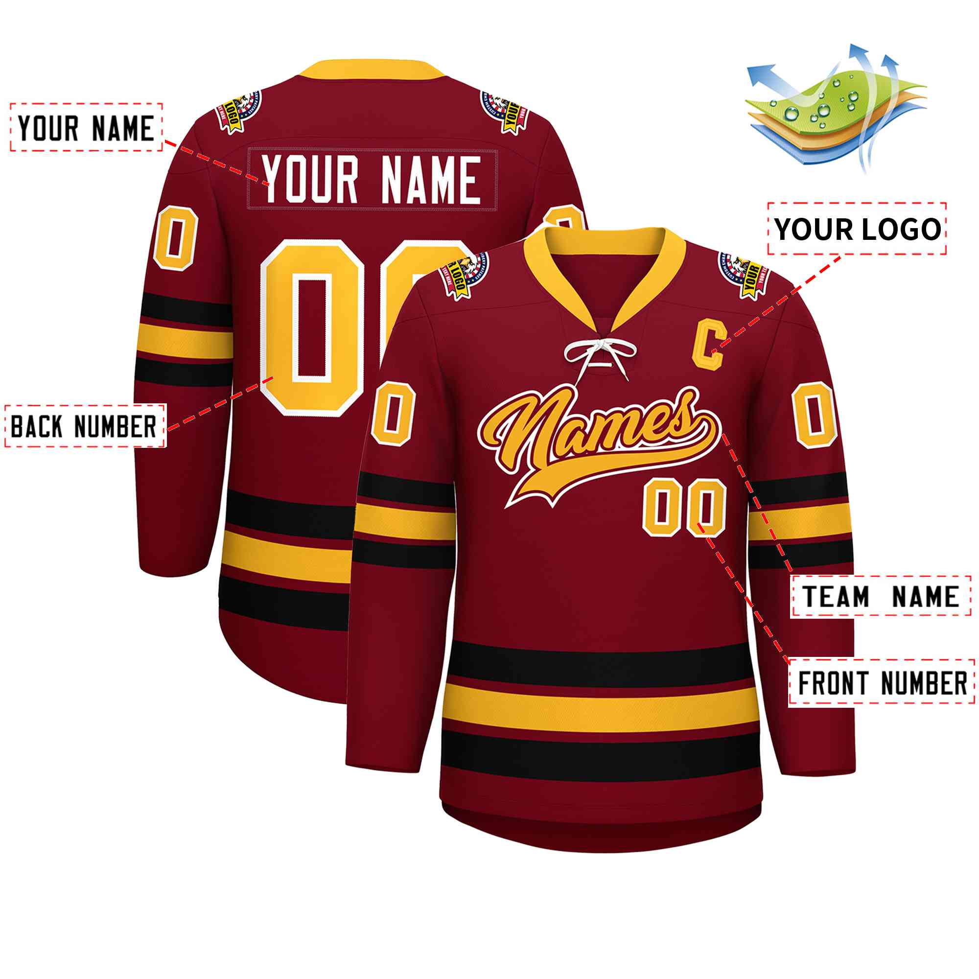 Custom Crimson Yellow-Black Lace-Up Neck Hockey Jersey