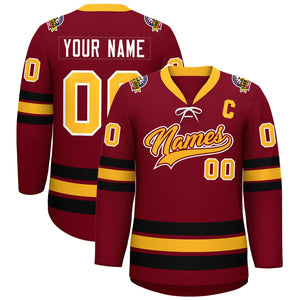 Custom Crimson Yellow-Black Lace-Up Neck Hockey Jersey