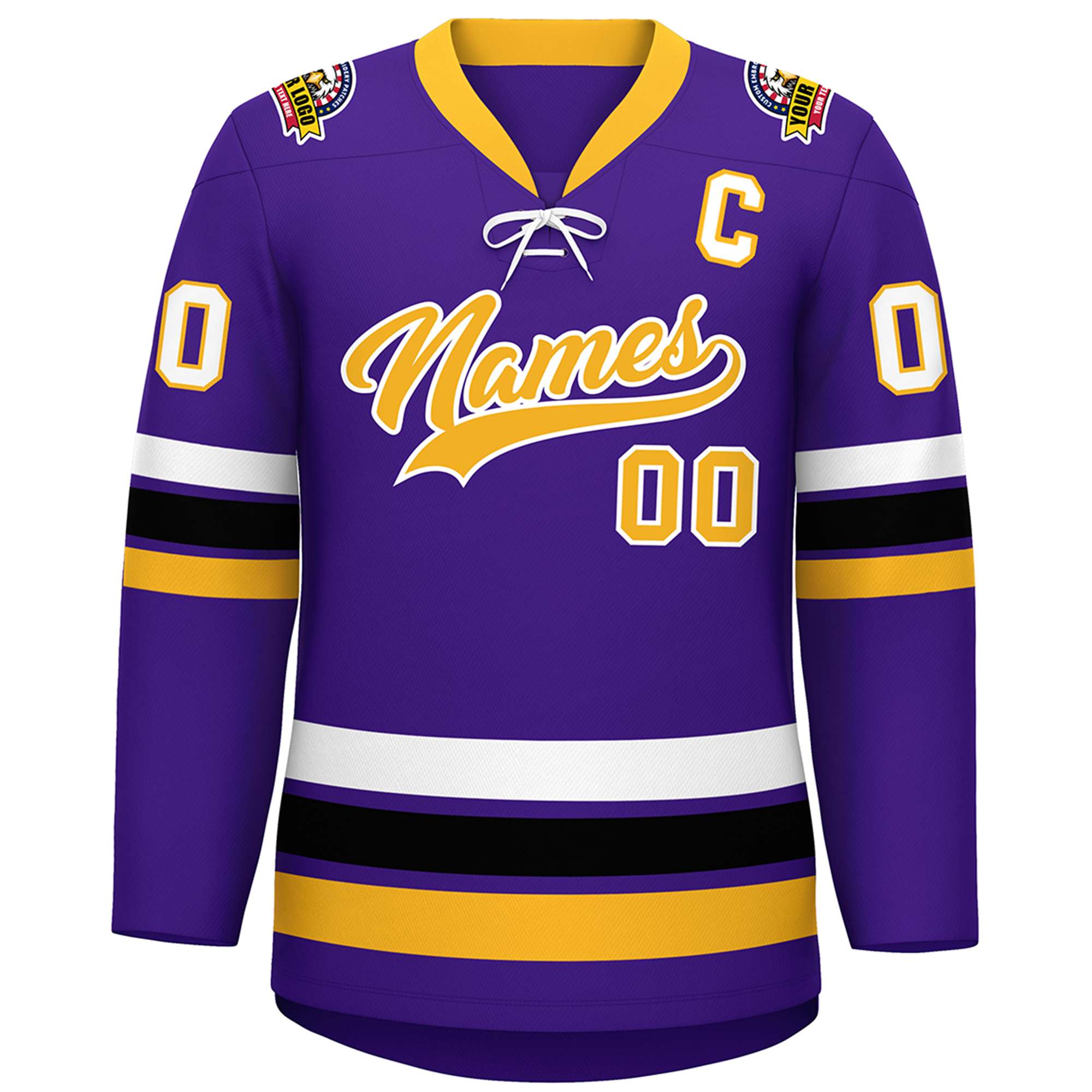 Custom Purple Yellow-White Lace-Up Neck Hockey Jersey