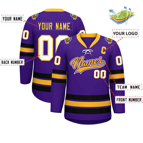 Custom Purple Yellow-Black Lace-Up Neck Hockey Jersey