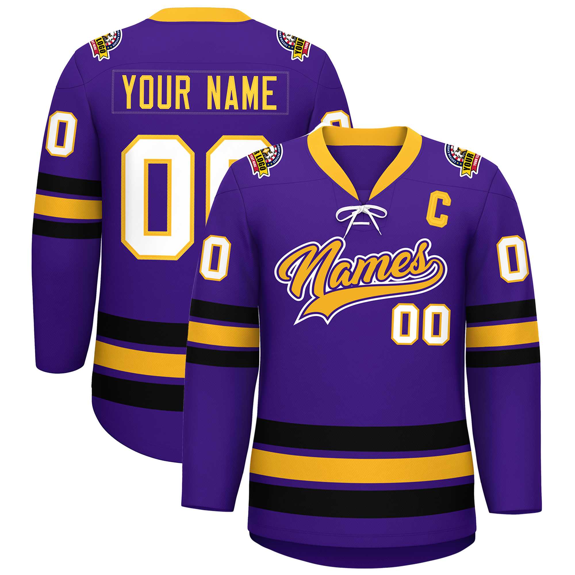 Custom Purple Yellow-Black Lace-Up Neck Hockey Jersey