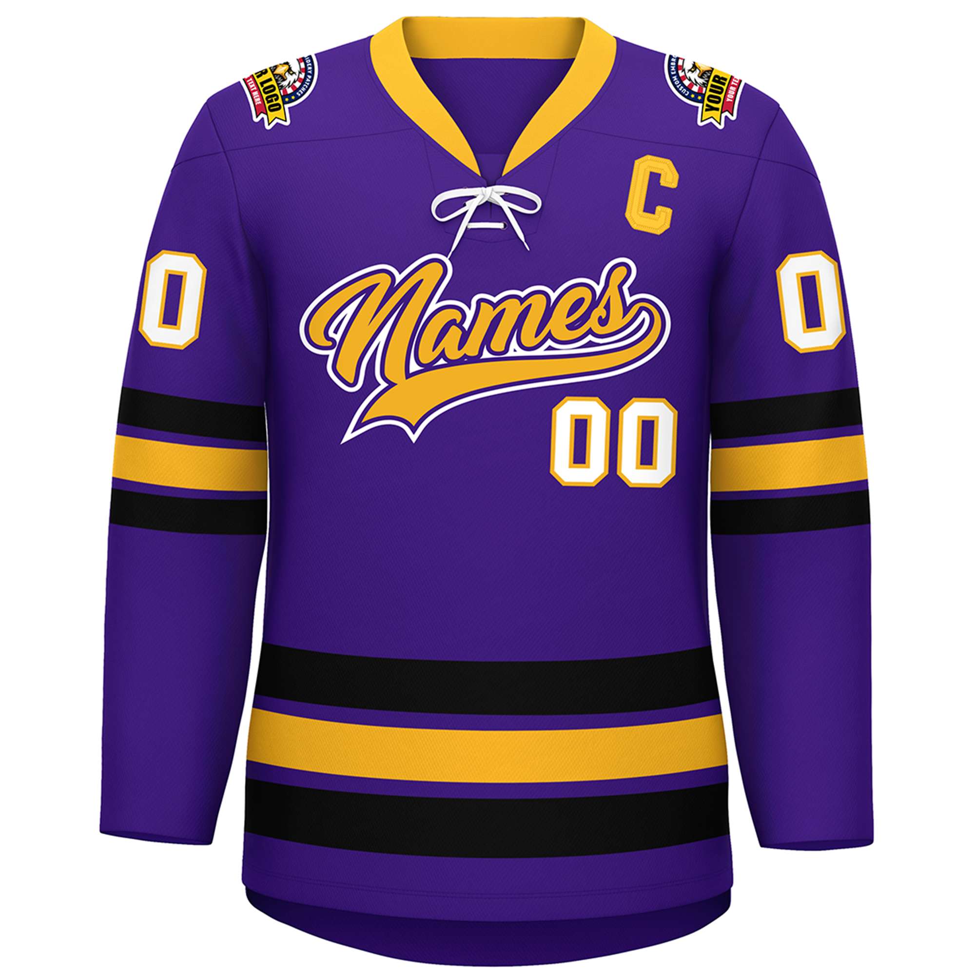 Custom Purple Yellow-Black Lace-Up Neck Hockey Jersey