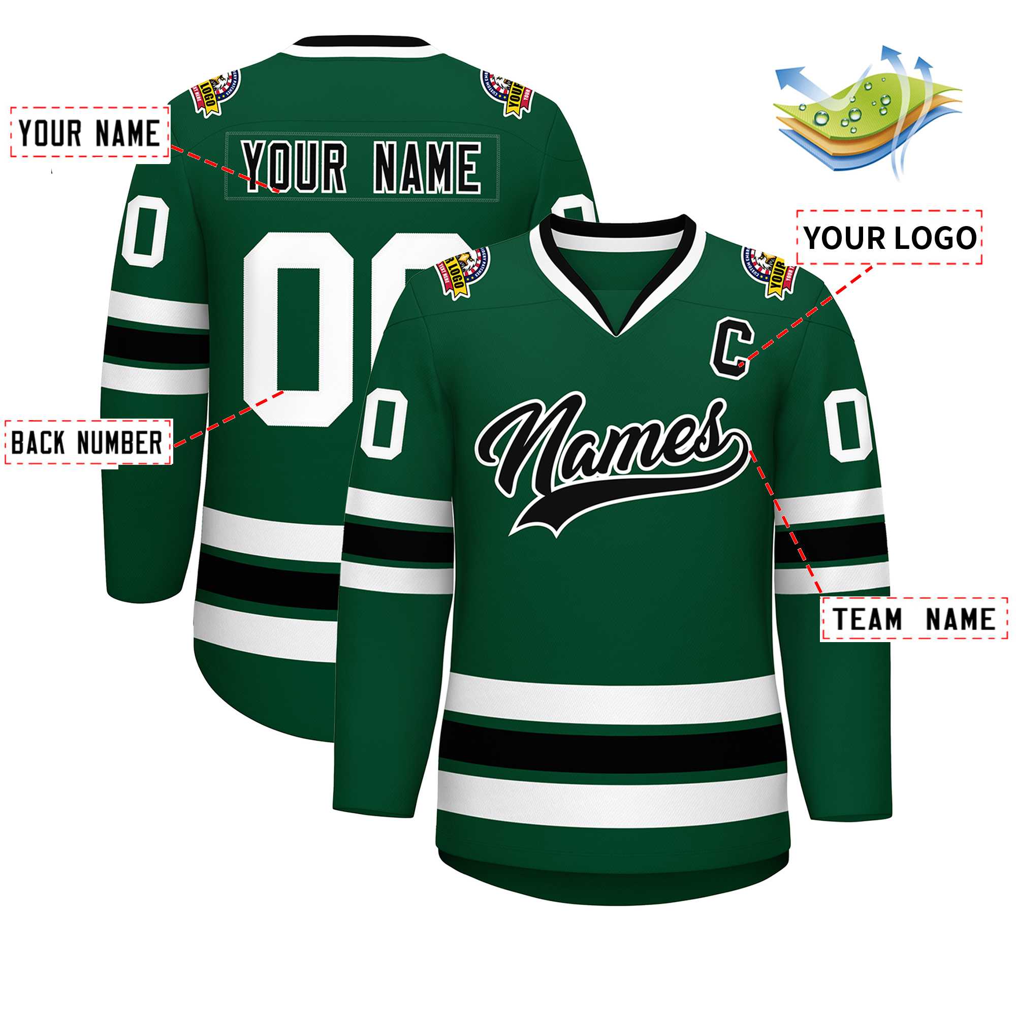 Maillot de hockey de style classique vert noir-blanc personnalisé