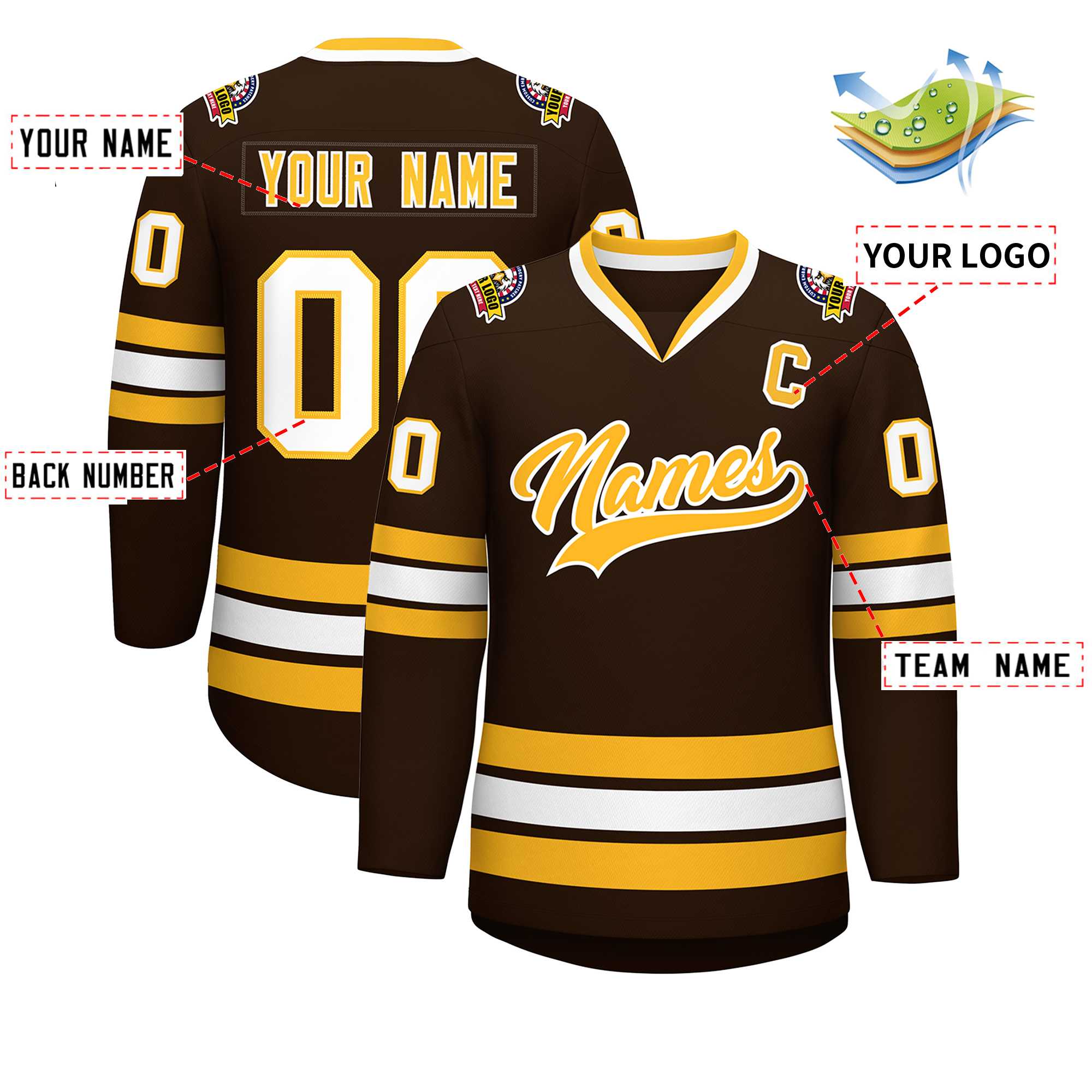 Maillot de hockey de style classique personnalisé marron or-blanc