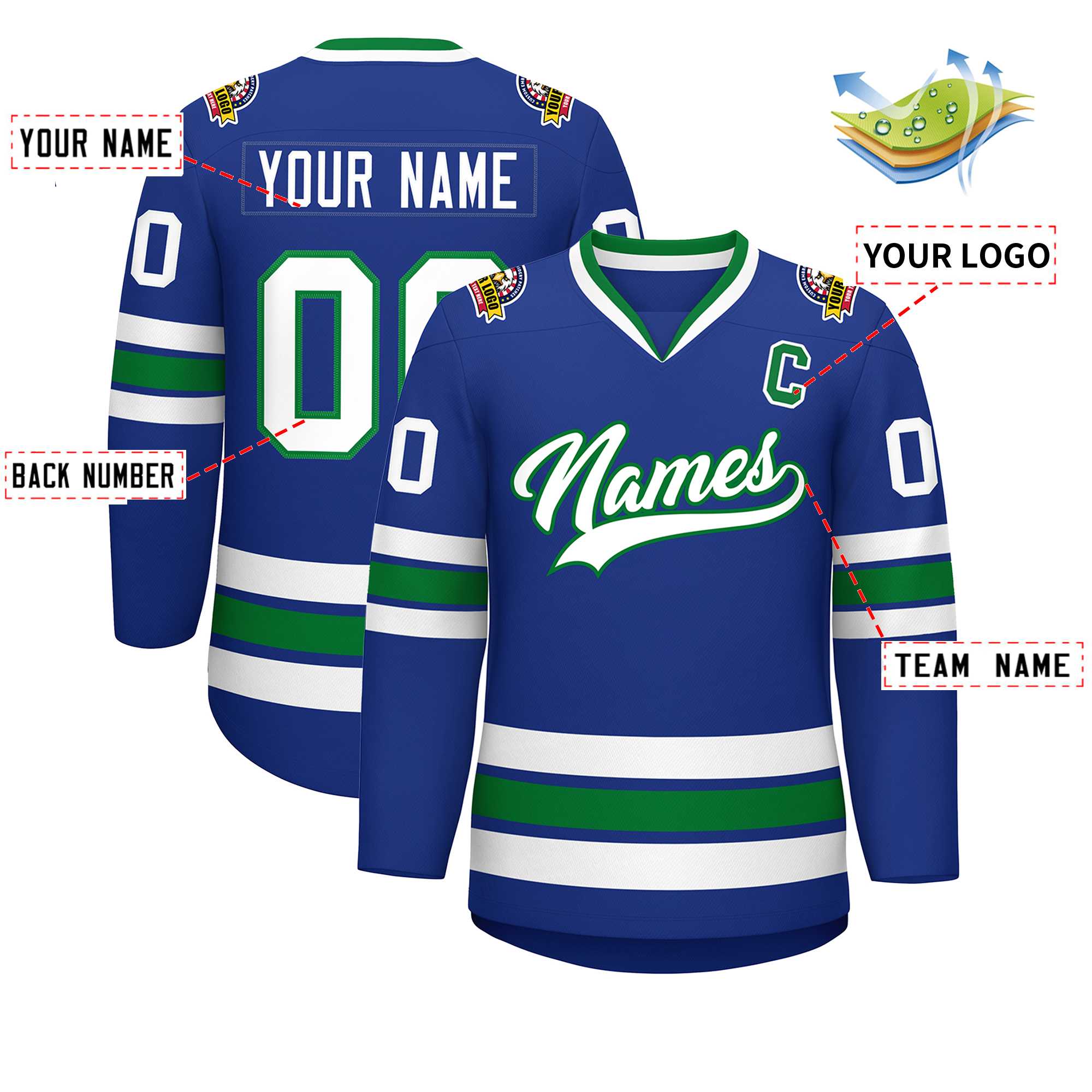 Maillot de hockey de style classique Royal White-Kelly Green personnalisé