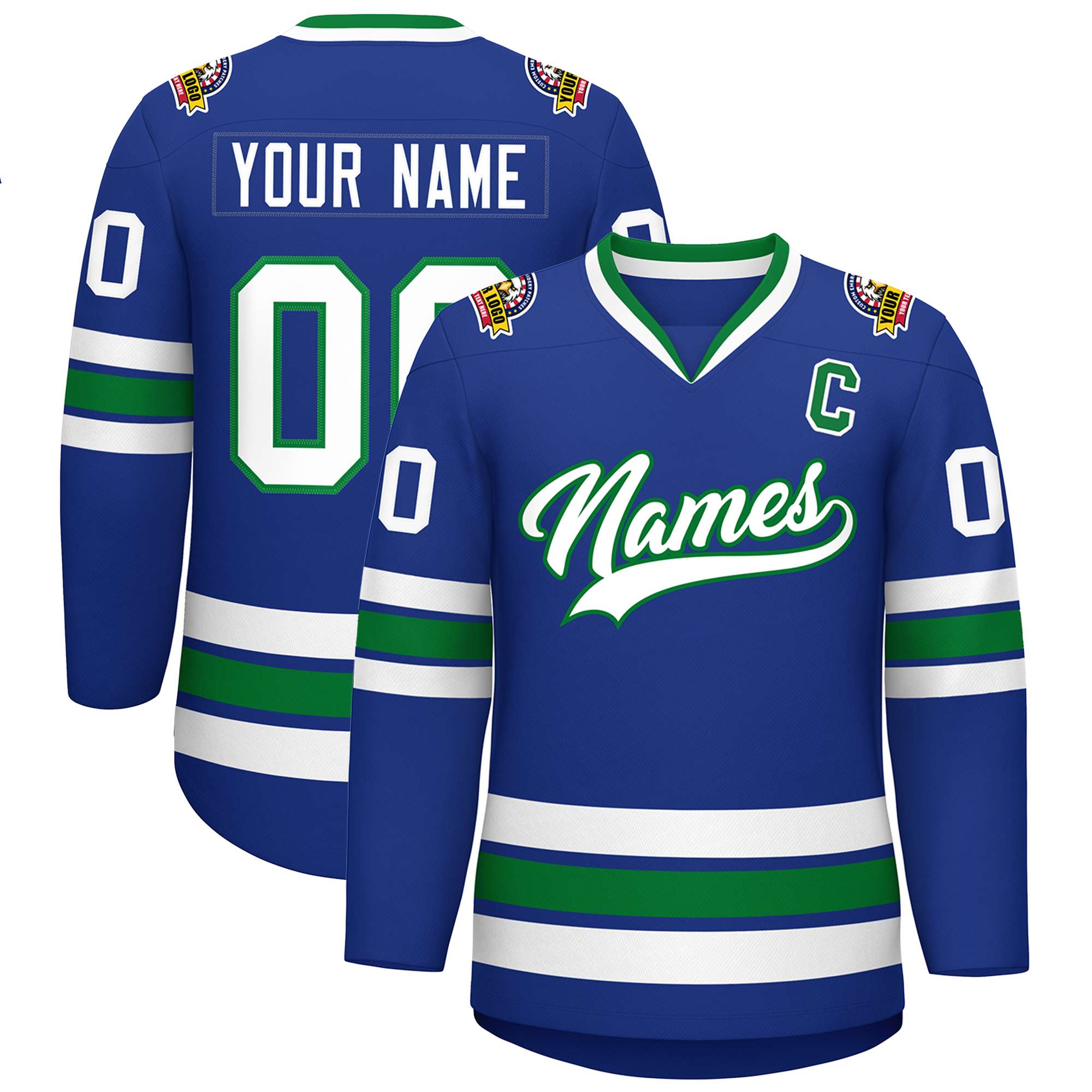 Custom Royal White-Kelly Green Classic Style Hockey Jersey