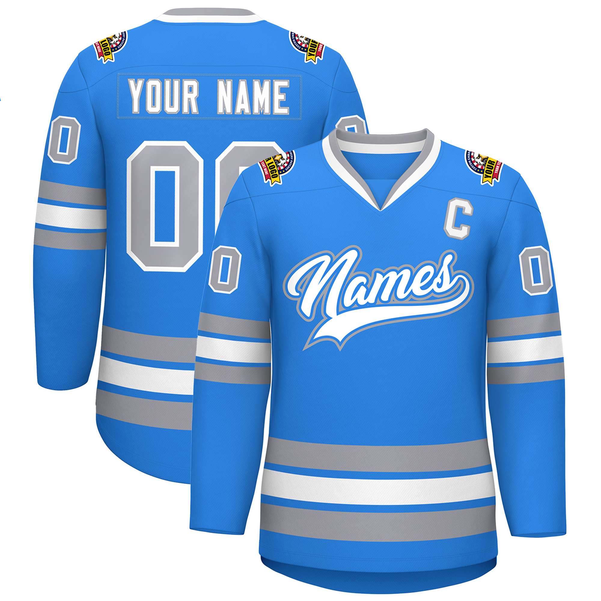 Custom Powder Blue White Powder Blue-Gray Classic Style Hockey Jersey