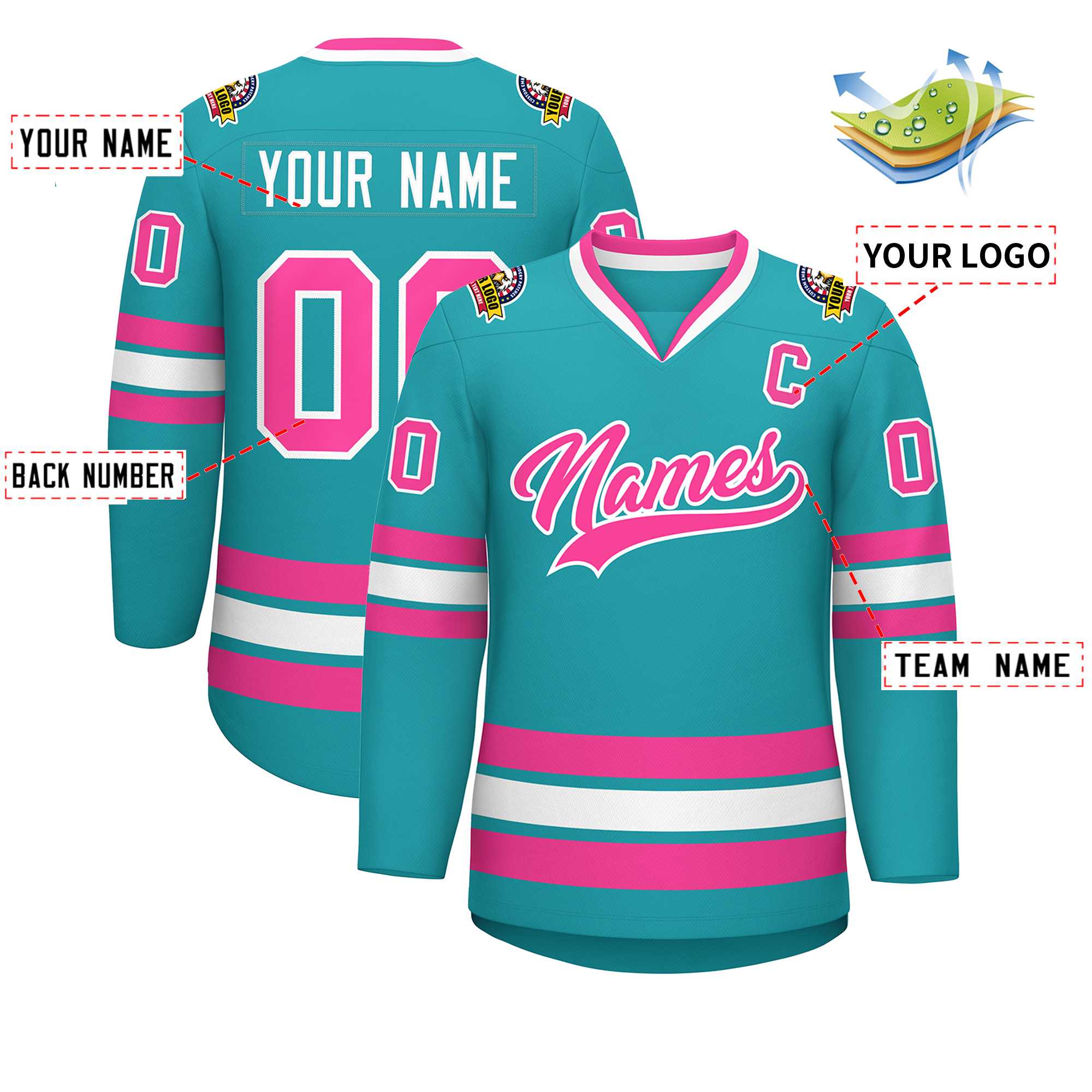 Maillot de hockey de style classique Aqua rose-blanc personnalisé