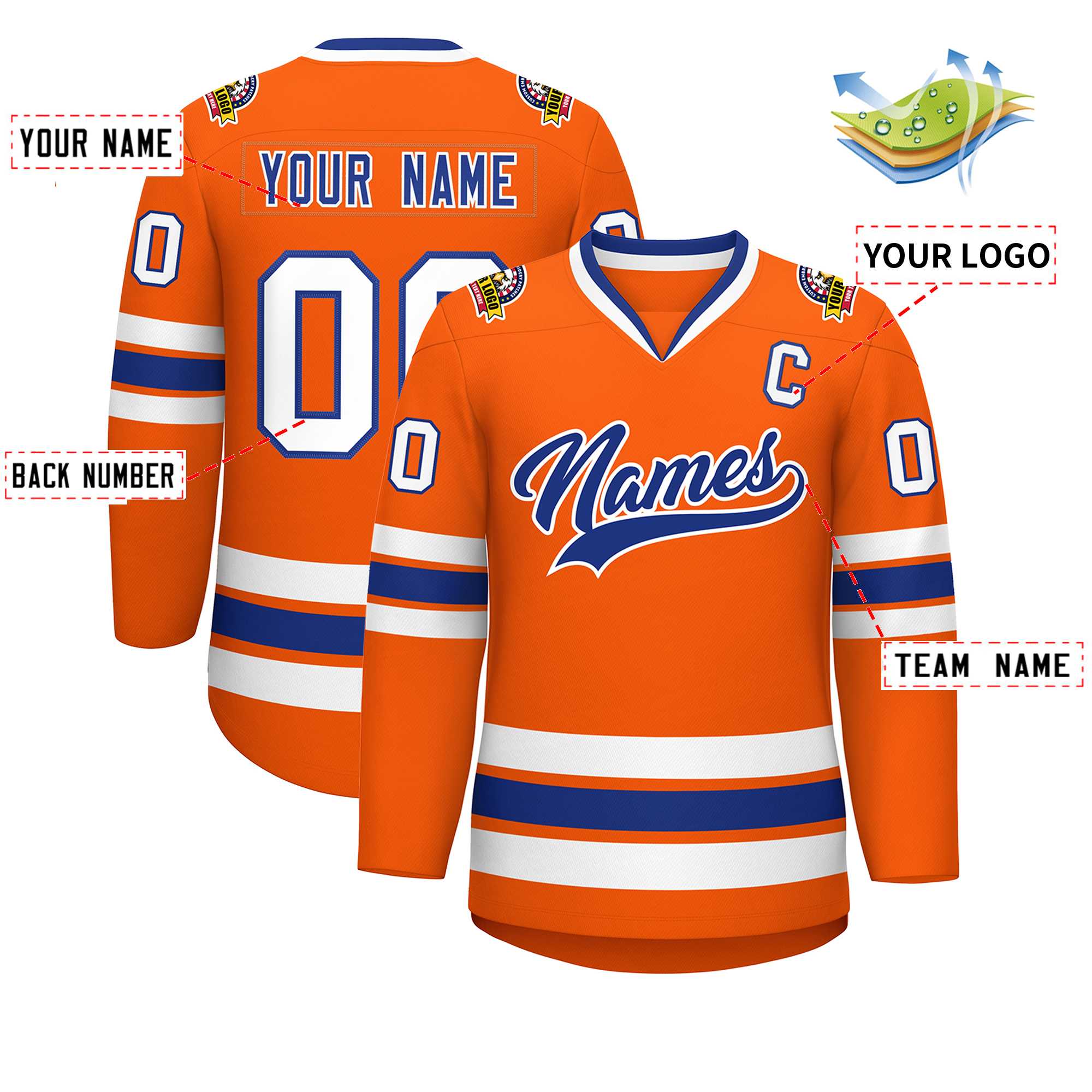 Custom Orange Royal-White Classic Style Hockey Jersey