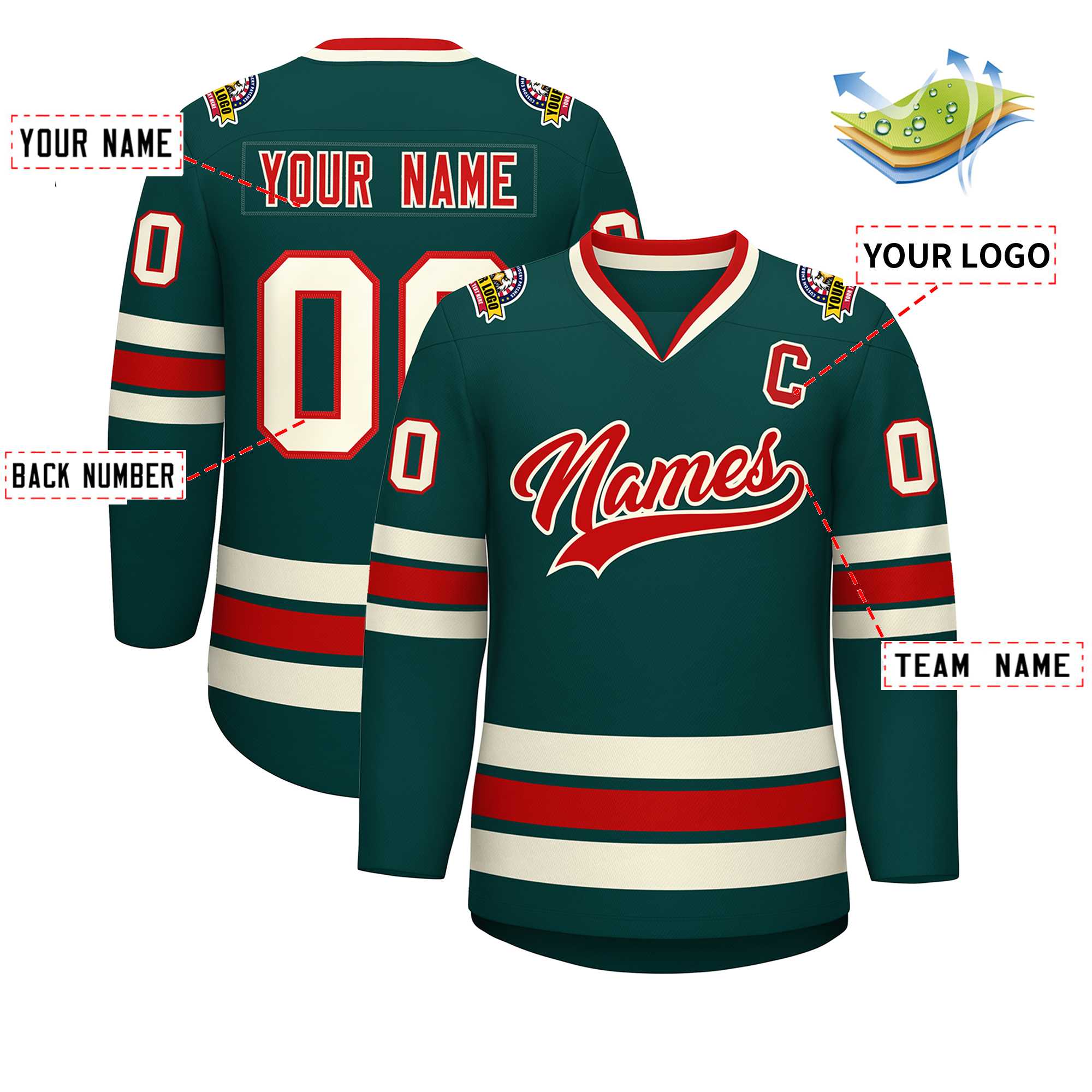 Maillot de hockey personnalisé de style classique, vert minuit, rouge-kaki