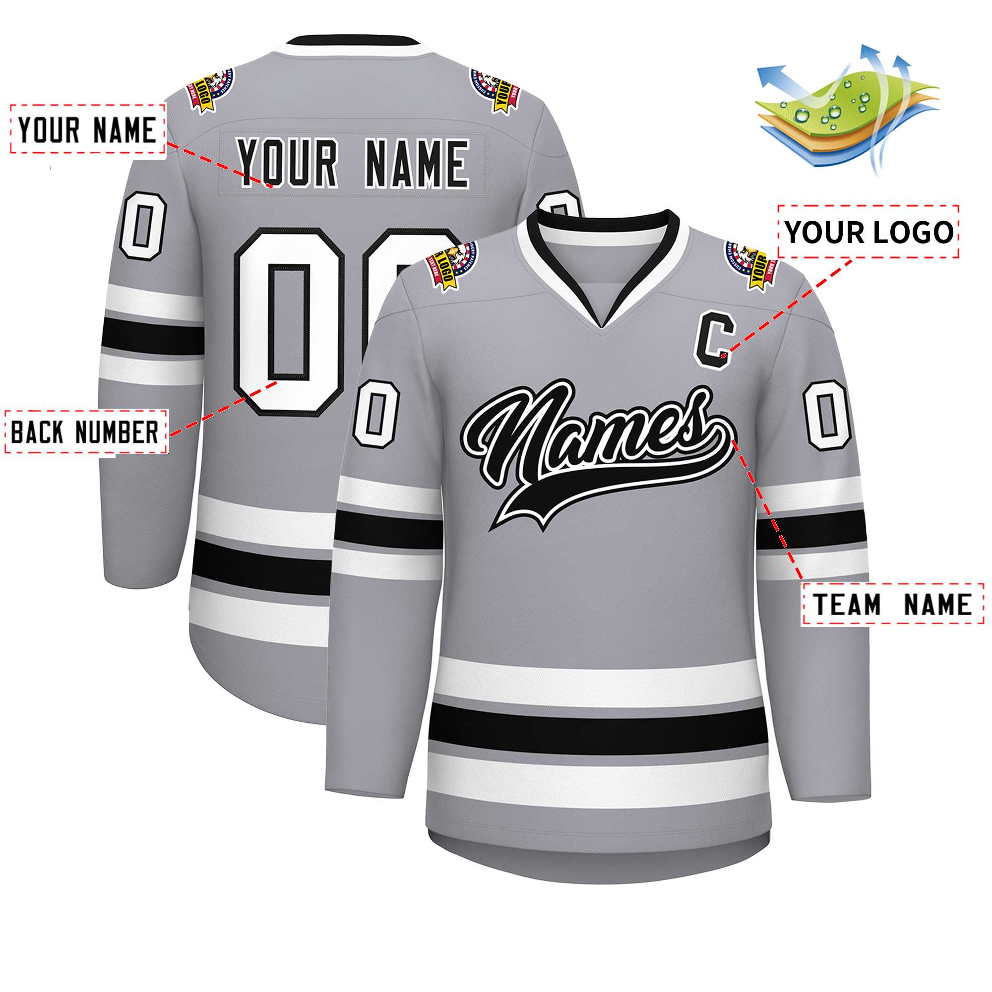 Maillot de hockey de style classique personnalisé gris noir blanc-noir