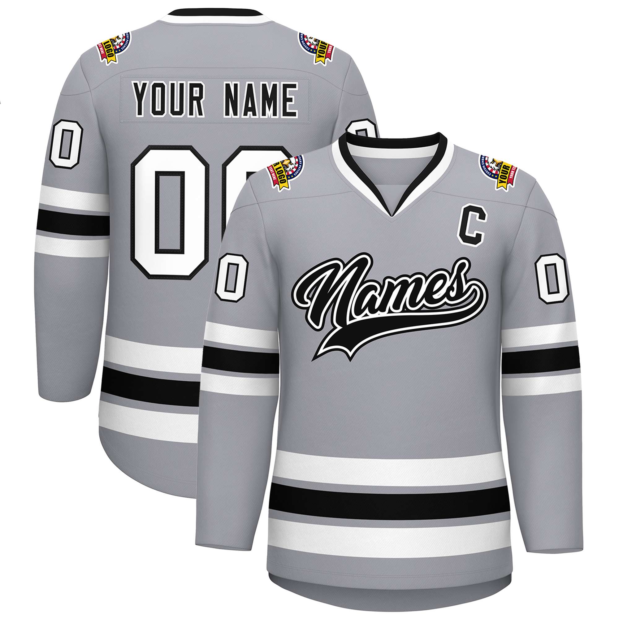 Custom Gray Black White-Black Classic Style Hockey Jersey