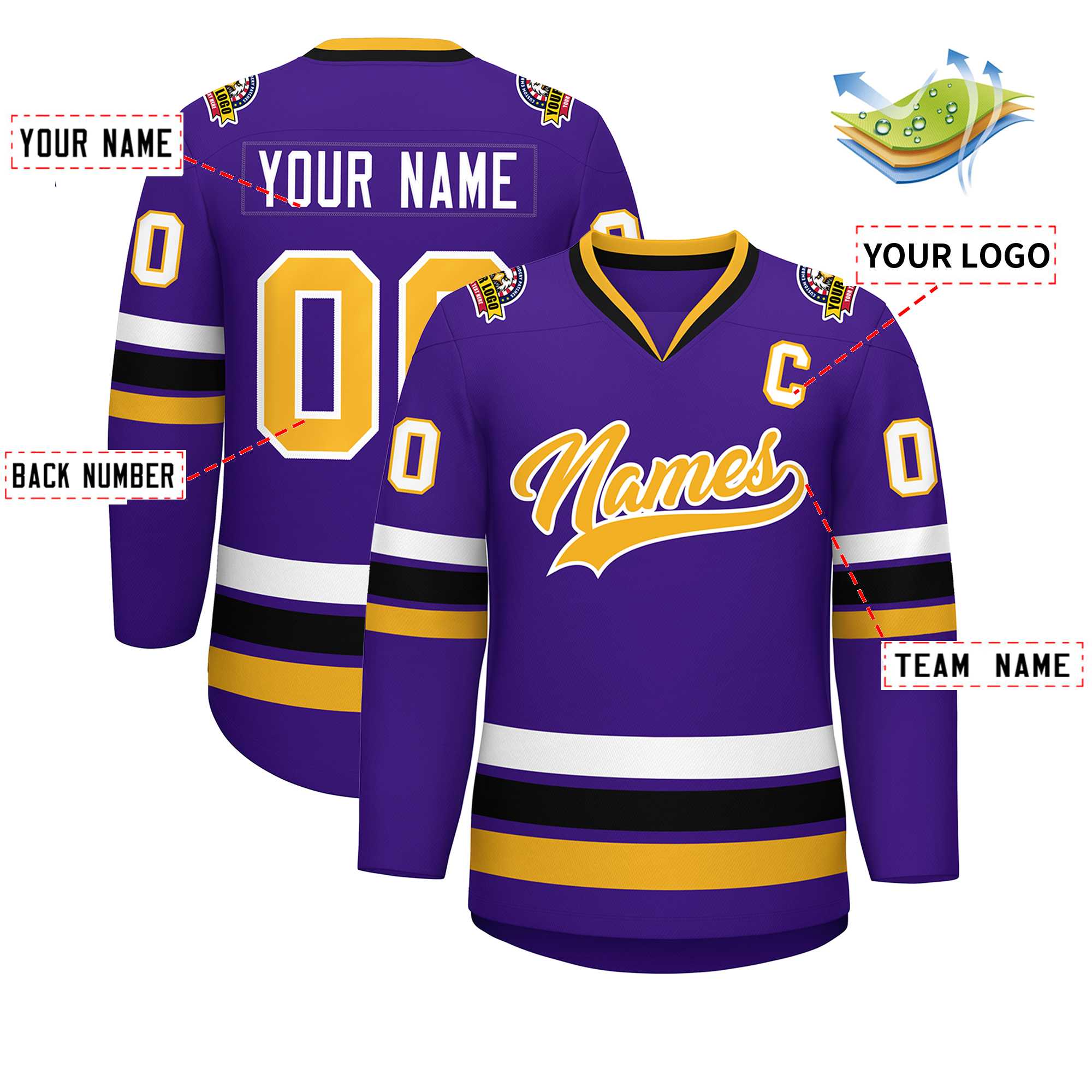 Maillot de hockey de style classique violet or-blanc personnalisé