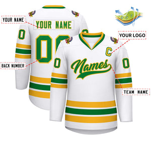 Custom White Kelly Green-Gold Classic Style Hockey Jersey