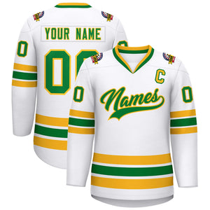 Custom White Kelly Green-Gold Classic Style Hockey Jersey