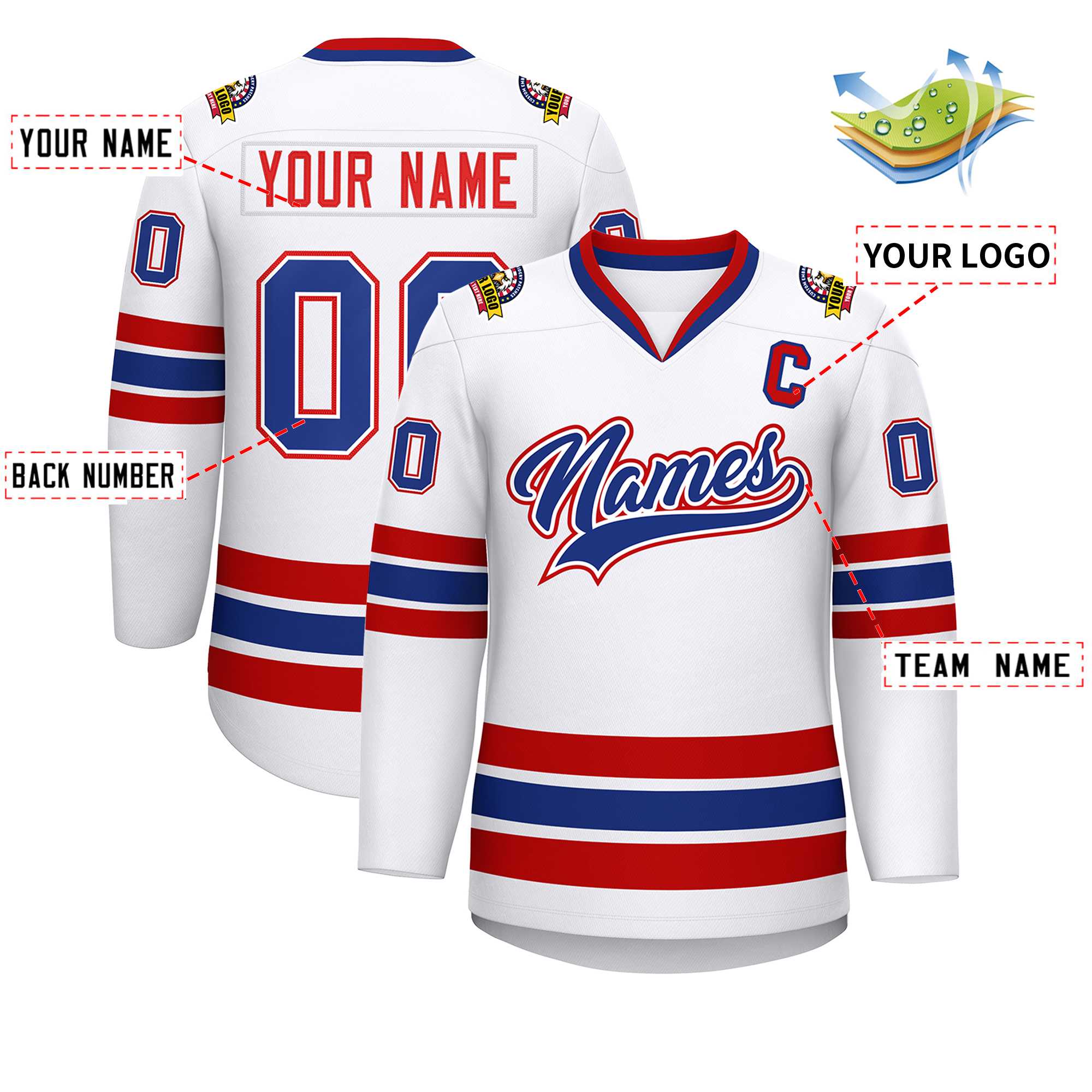 Maillot de hockey de style classique blanc royal blanc-rouge personnalisé