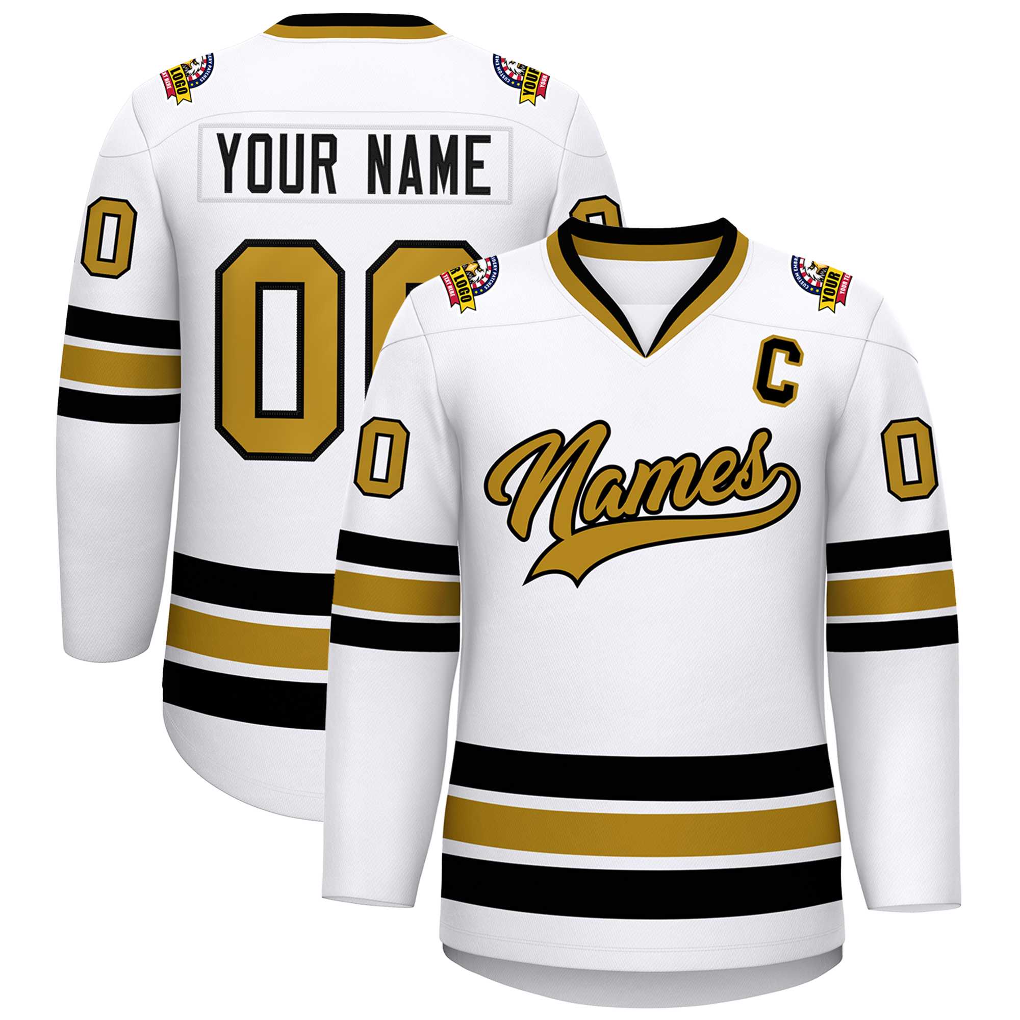 Custom White Old Gold-Black Classic Style Hockey Jersey