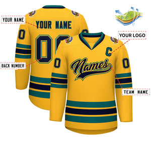 Custom Gold Navy Gold-Aqua Classic Style Hockey Jersey