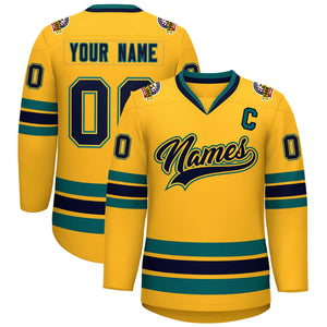 Custom Gold Navy Gold-Aqua Classic Style Hockey Jersey