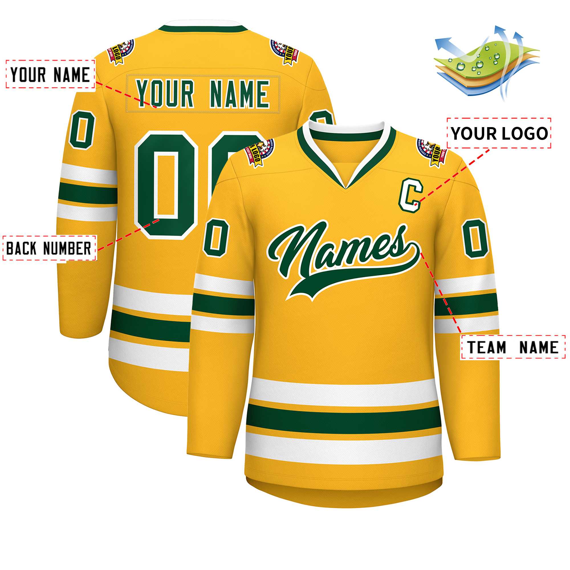 Maillot de hockey de style classique or vert-blanc personnalisé