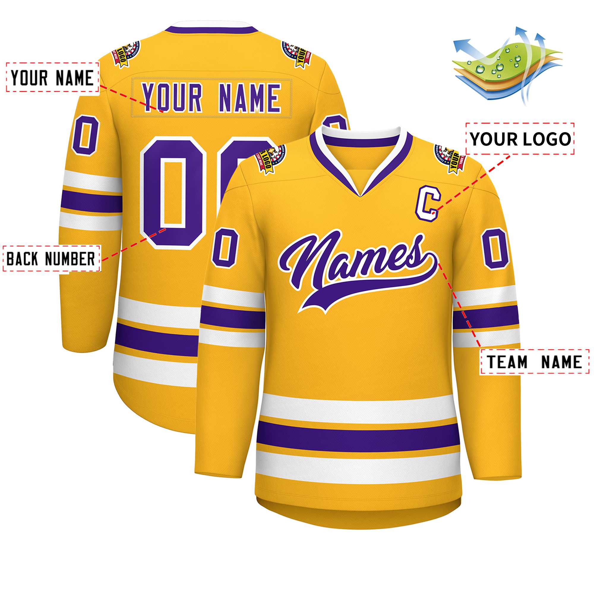 Maillot de hockey de style classique personnalisé or violet-blanc