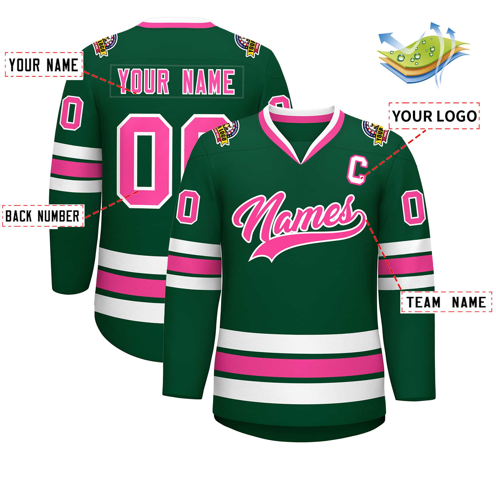 Maillot de hockey de style classique vert rose-blanc personnalisé