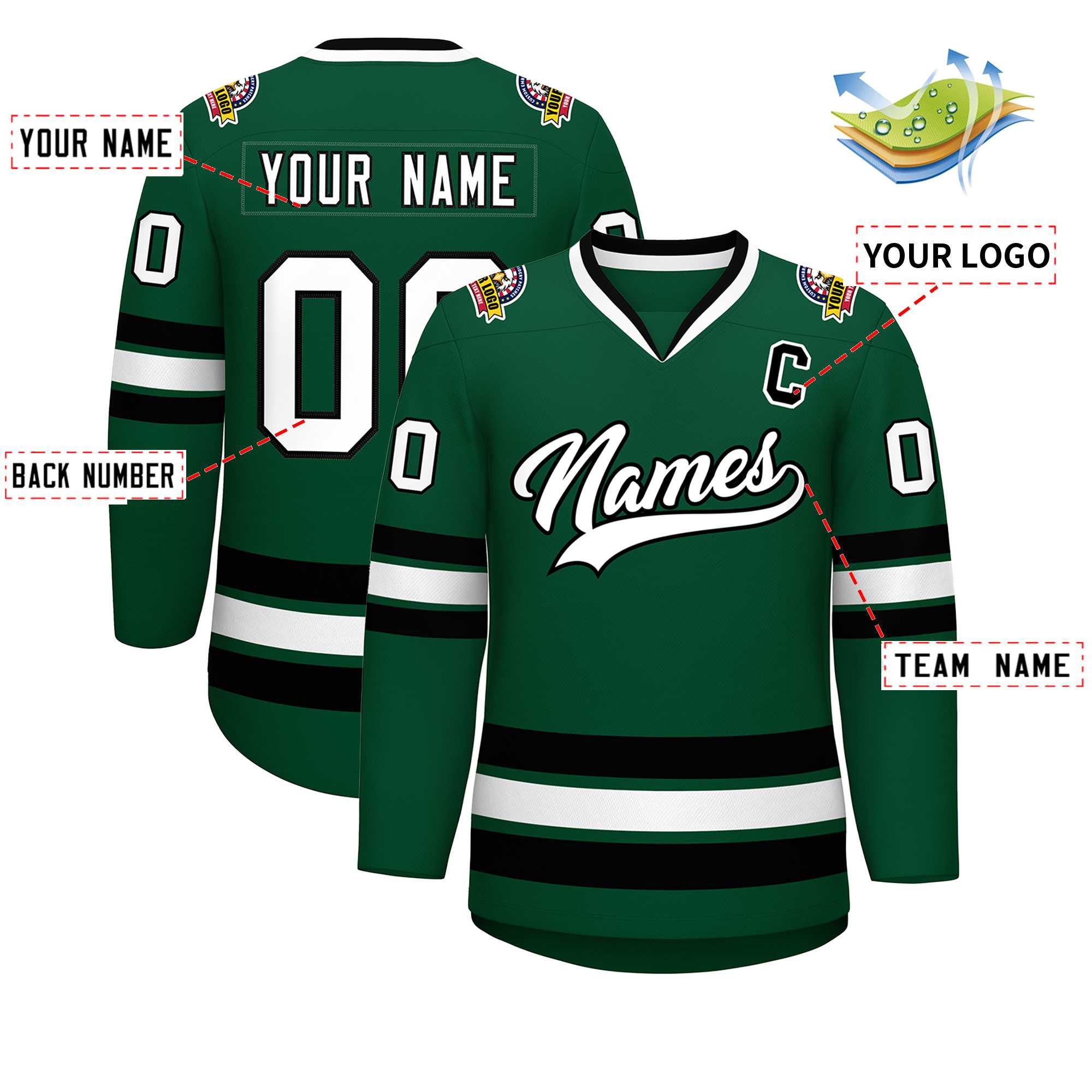 Maillot de hockey de style classique vert blanc-noir personnalisé