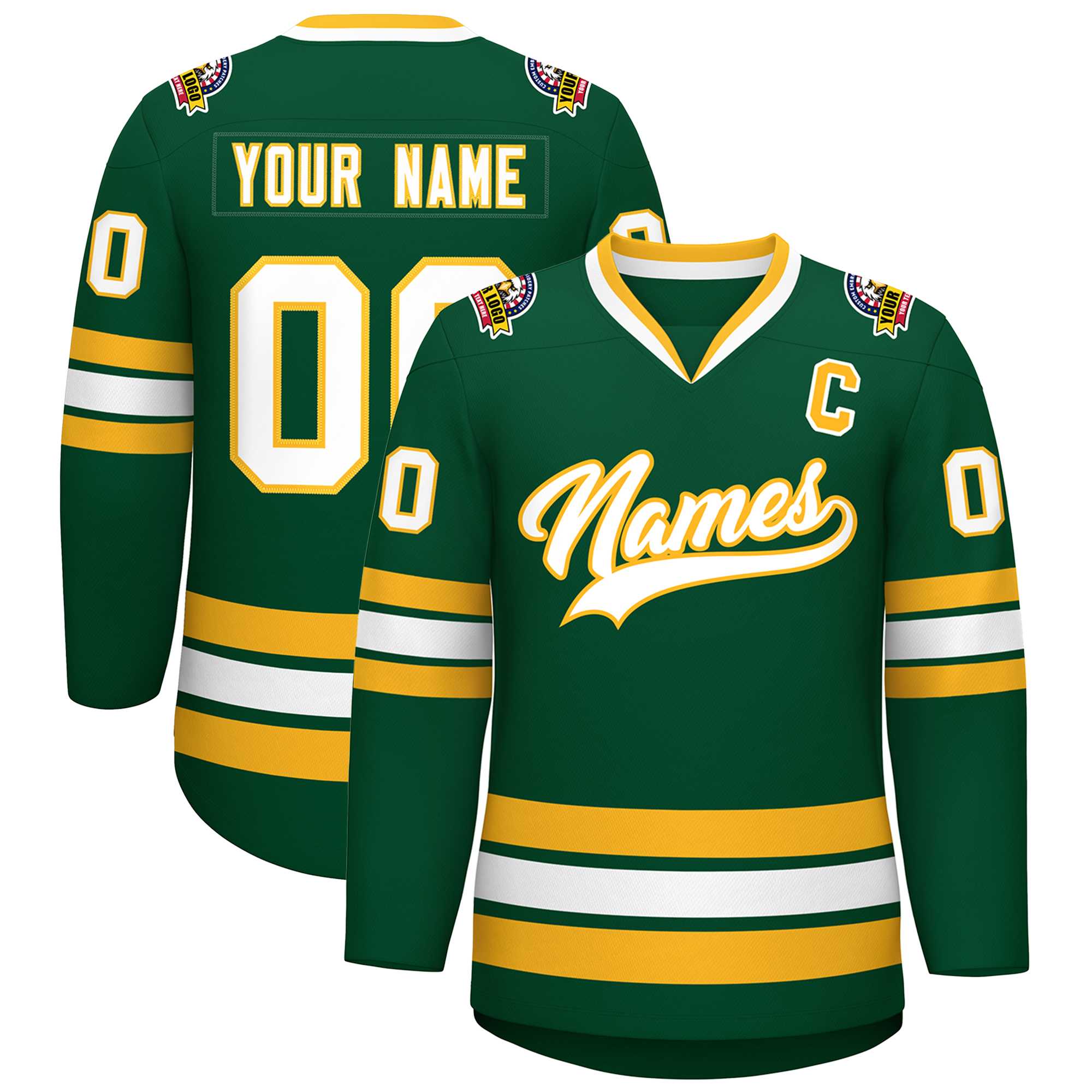 Custom Green White-Gold Classic Style Hockey Jersey