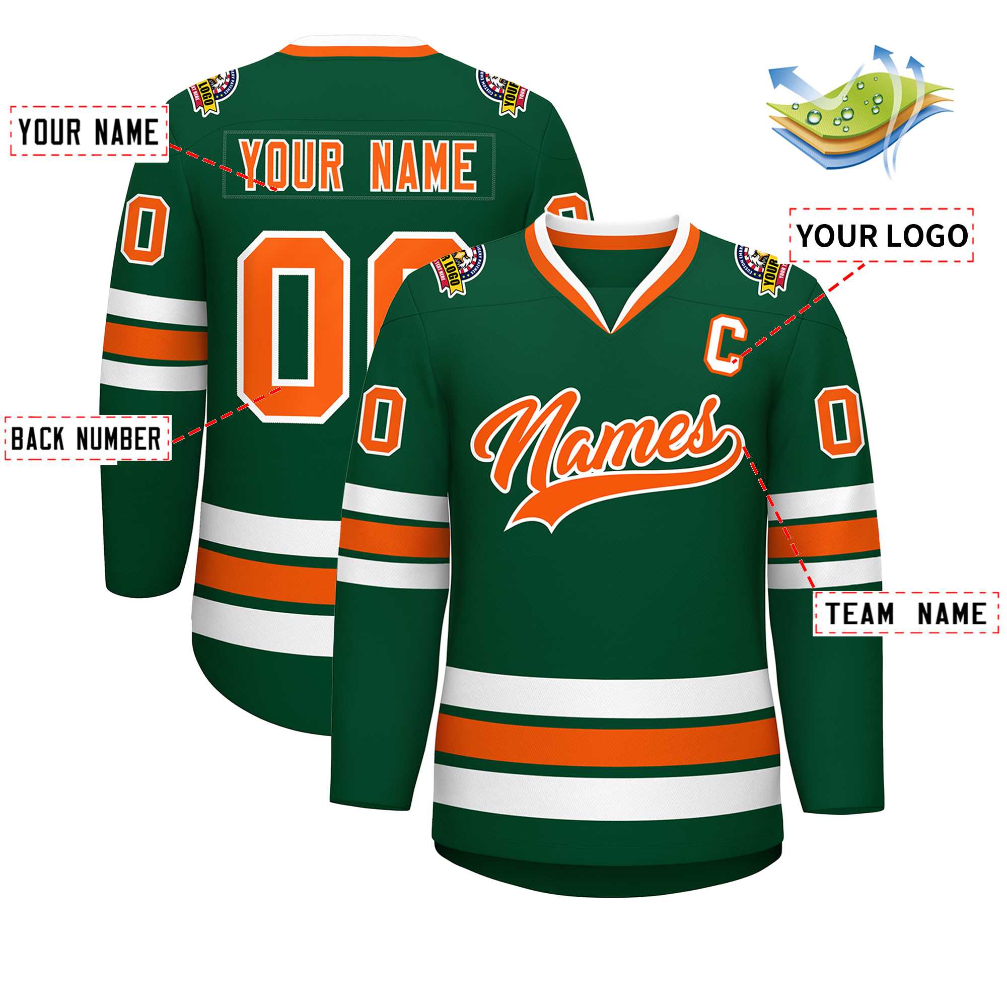 Maillot de hockey de style classique vert orange-blanc personnalisé