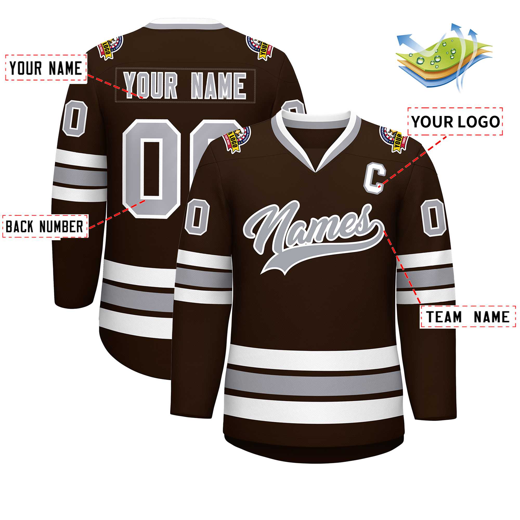 Maillot de hockey de style classique marron gris-blanc personnalisé