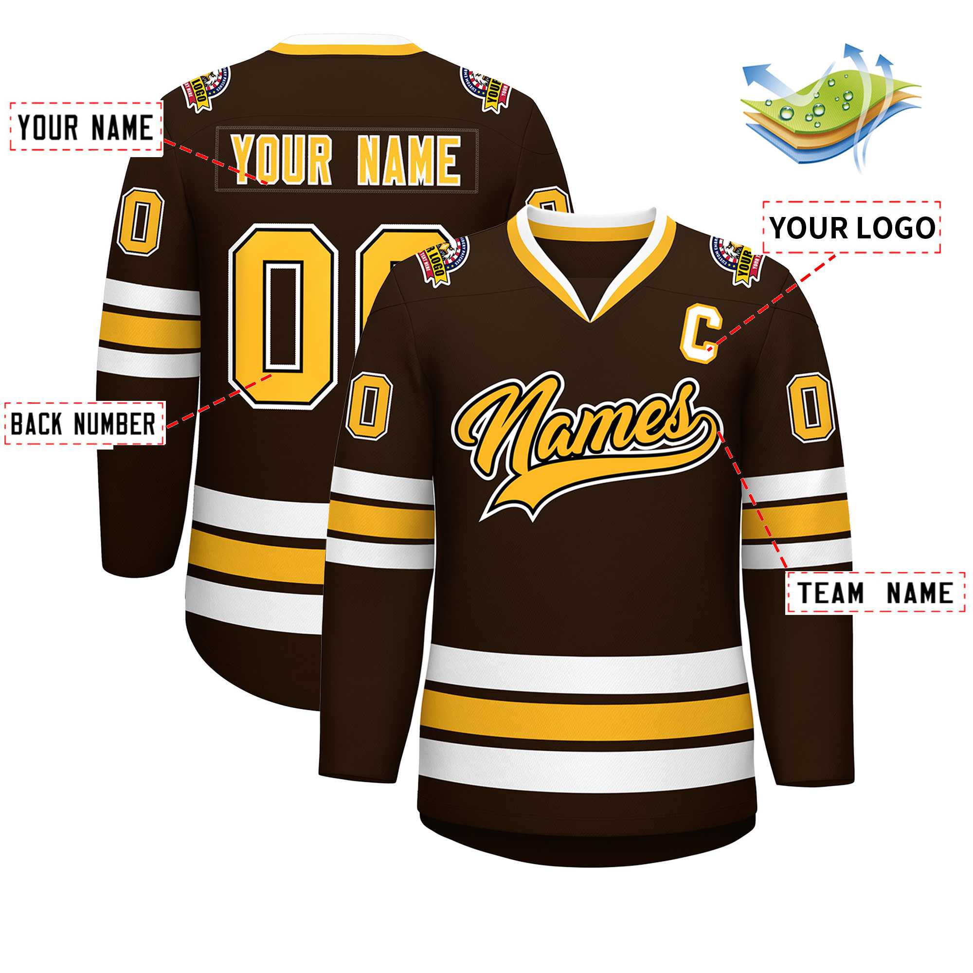 Custom Brown Gold Black-White Classic Style Hockey Jersey