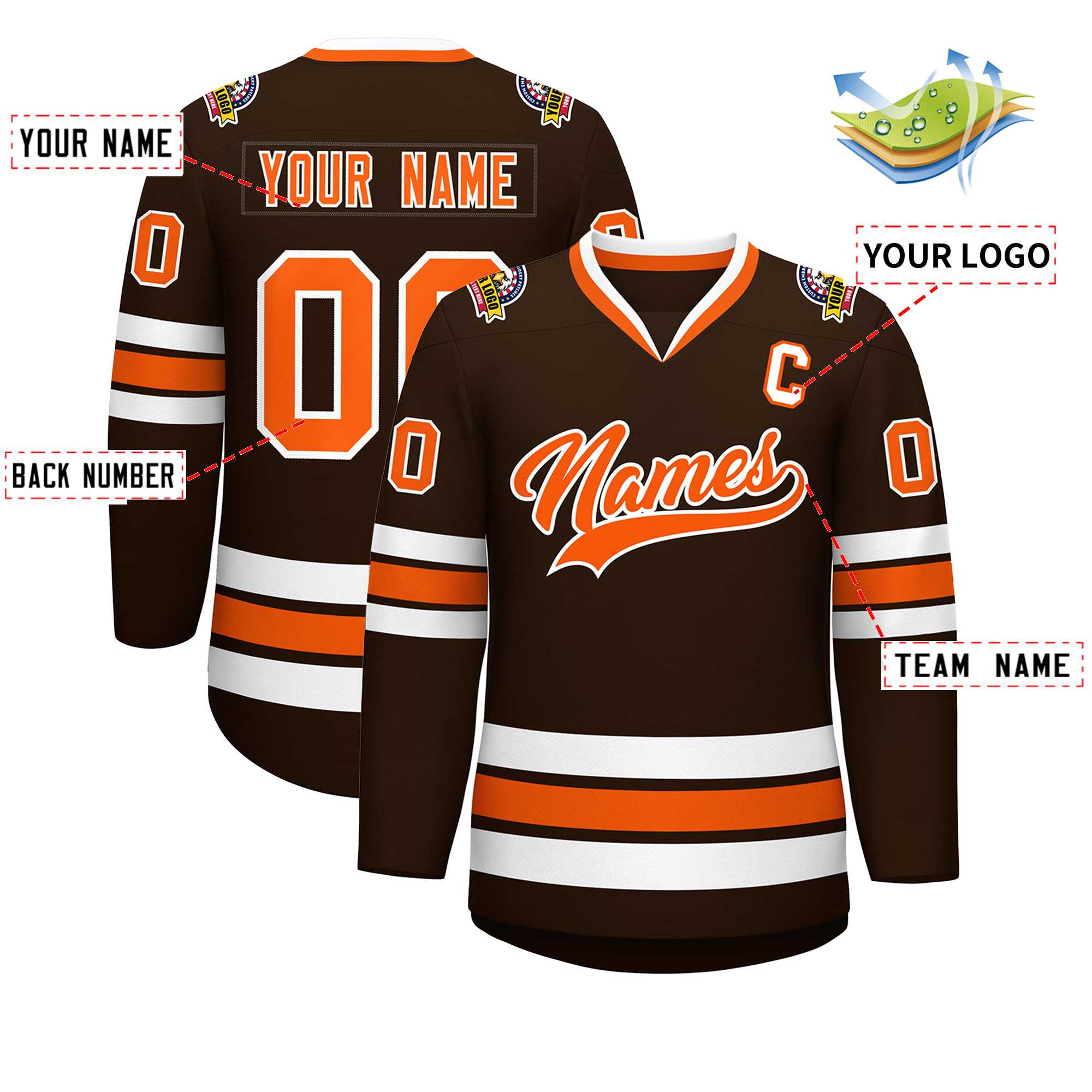 Maillot de hockey de style classique marron orange-blanc personnalisé