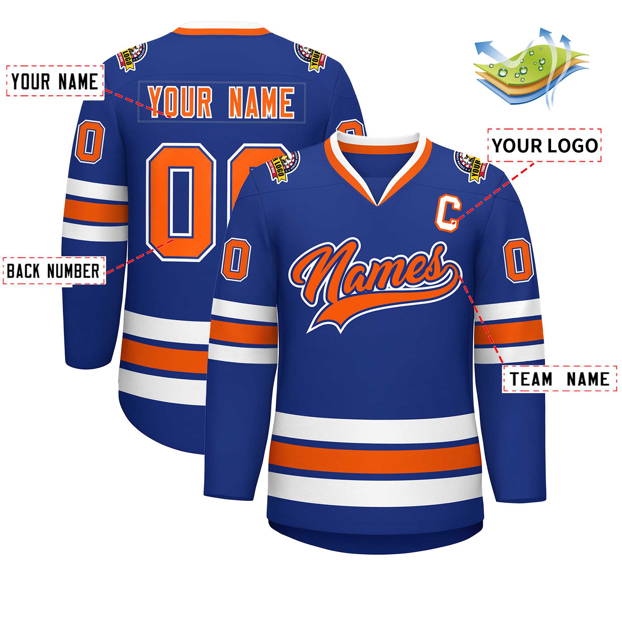 Maillot de hockey personnalisé de style classique Royal Orange Royal-White