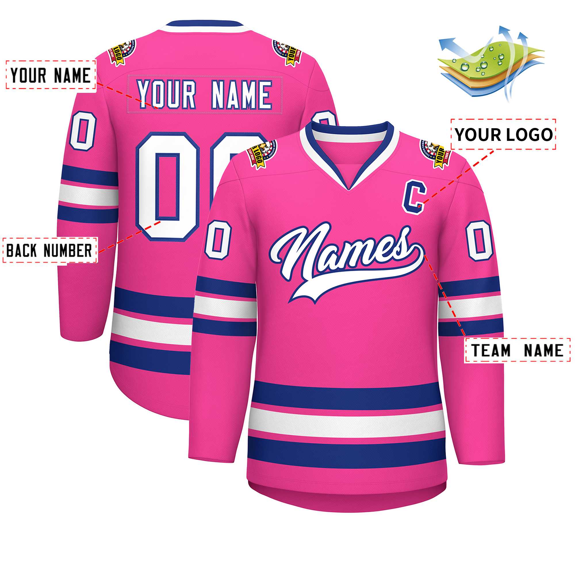 Maillot de hockey de style classique rose blanc-royal personnalisé