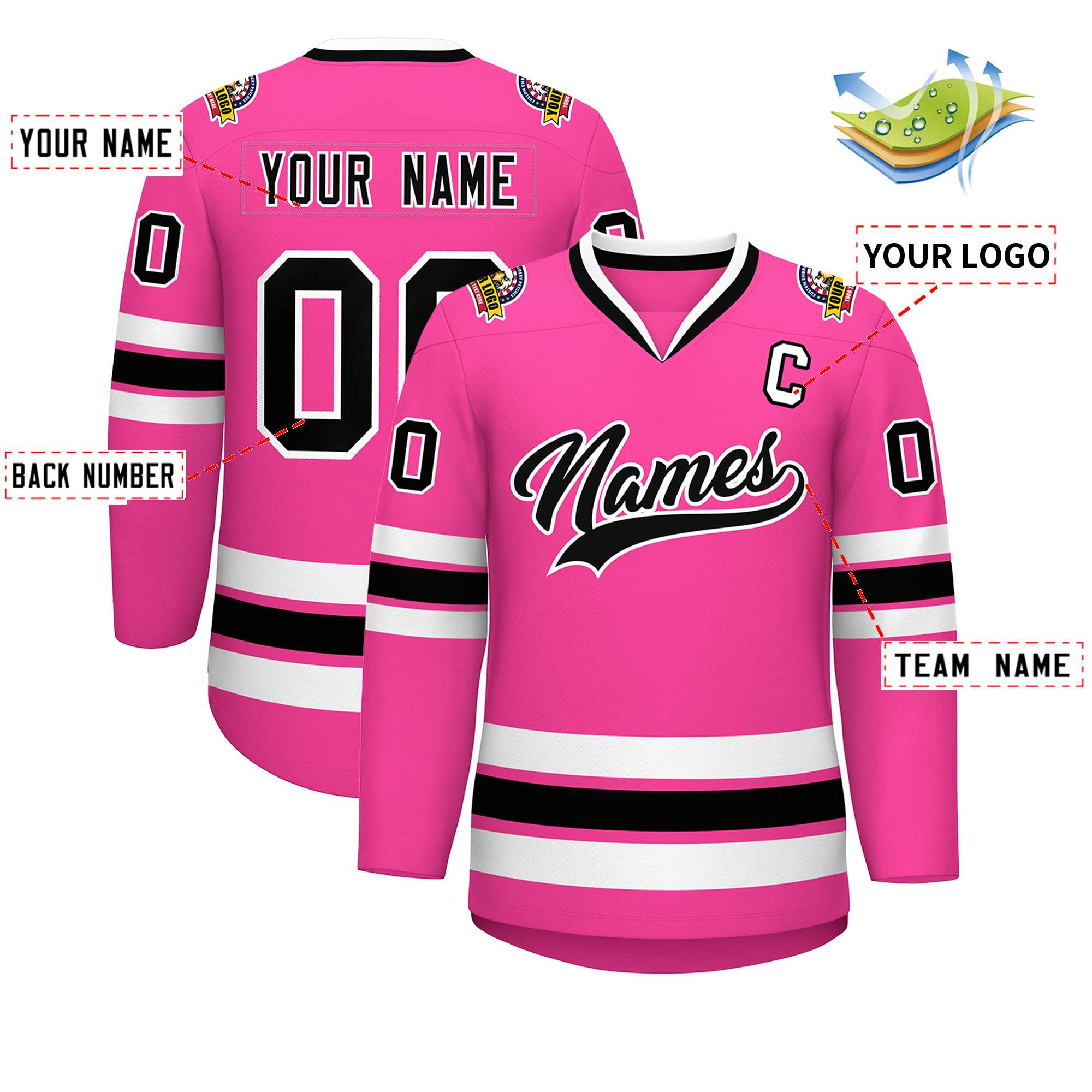 Maillot de hockey de style classique rose noir-blanc personnalisé